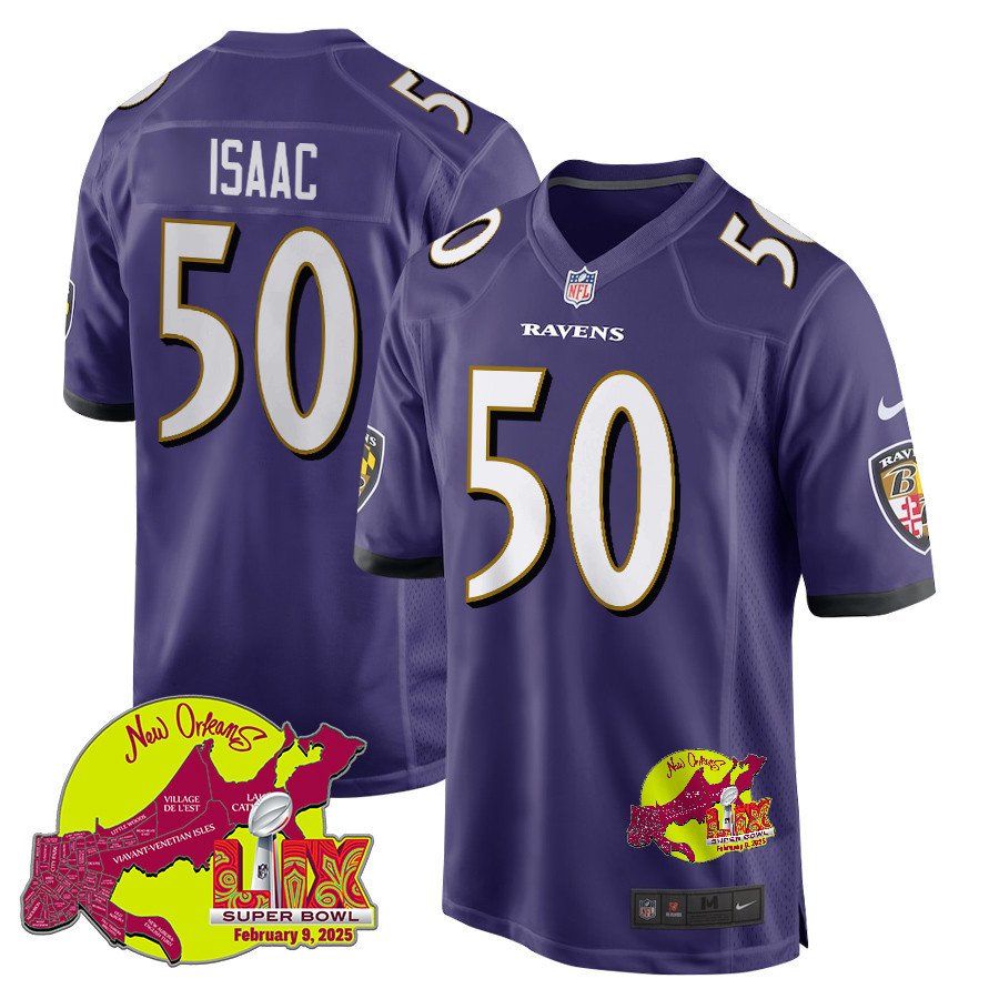 Adisa Isaac 50 Baltimore Ravens Super Bowl LIX New Orleans Patch Game Men Jersey - Purple