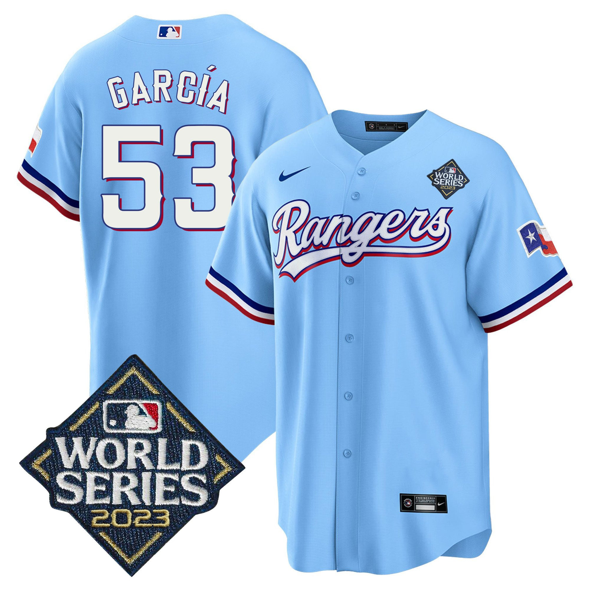 Adolis García 53 Texas Rangers 2023 World Series Stitched Baseball Jersey - Blue