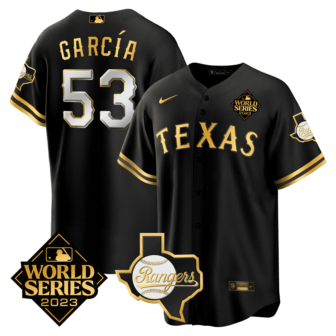 Adolis Garcia 53 Texas Rangers 2023 World Series & Texas State Patch Men Jersey - Black Gold