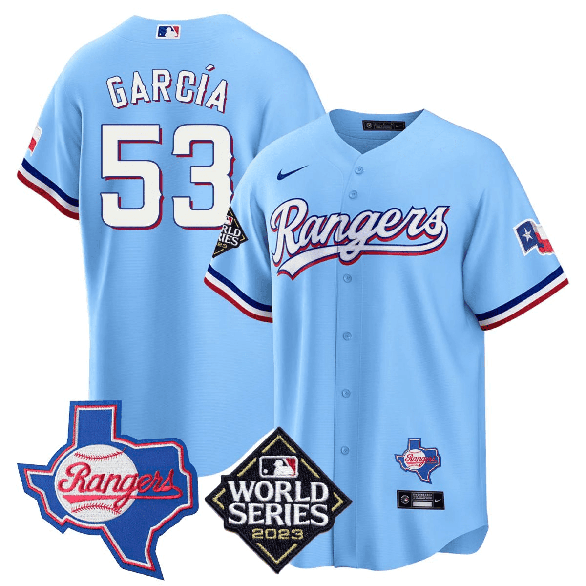 Adolis Garcia 53 Texas Rangers 2023 World Series & Texas State Patch Men Jersey - Blue