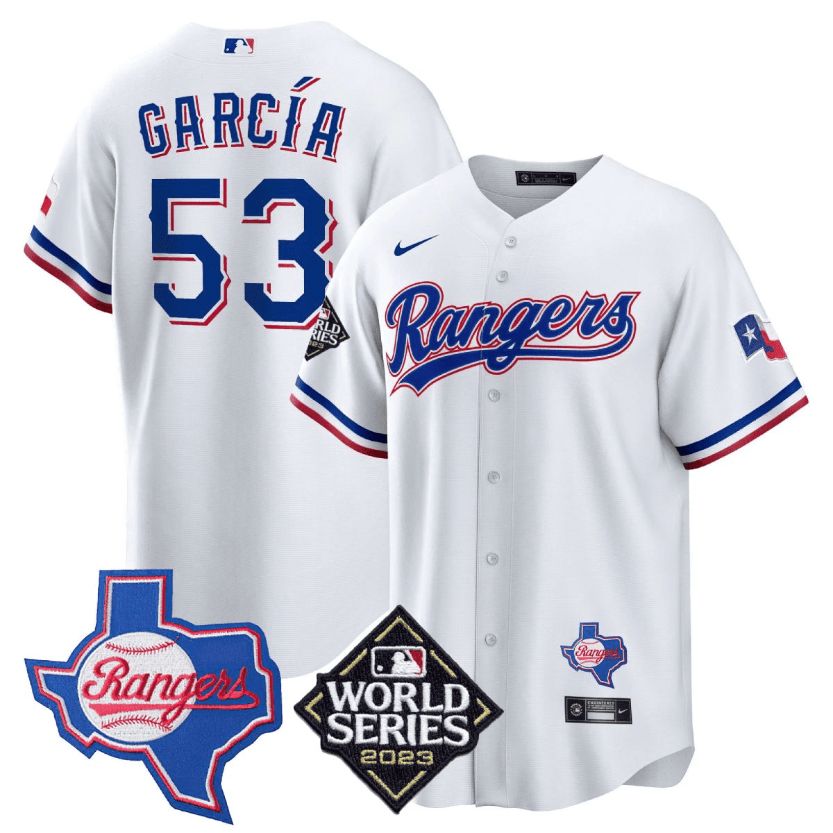 Adolis Garcia 53 Texas Rangers 2023 World Series & Texas State Patch Men Jersey - White