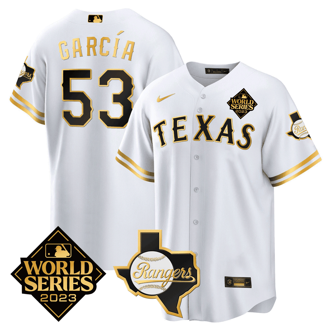 Adolis Garcia 53 Texas Rangers 2023 World Series & Texas State Patch Men Jersey - White Gold