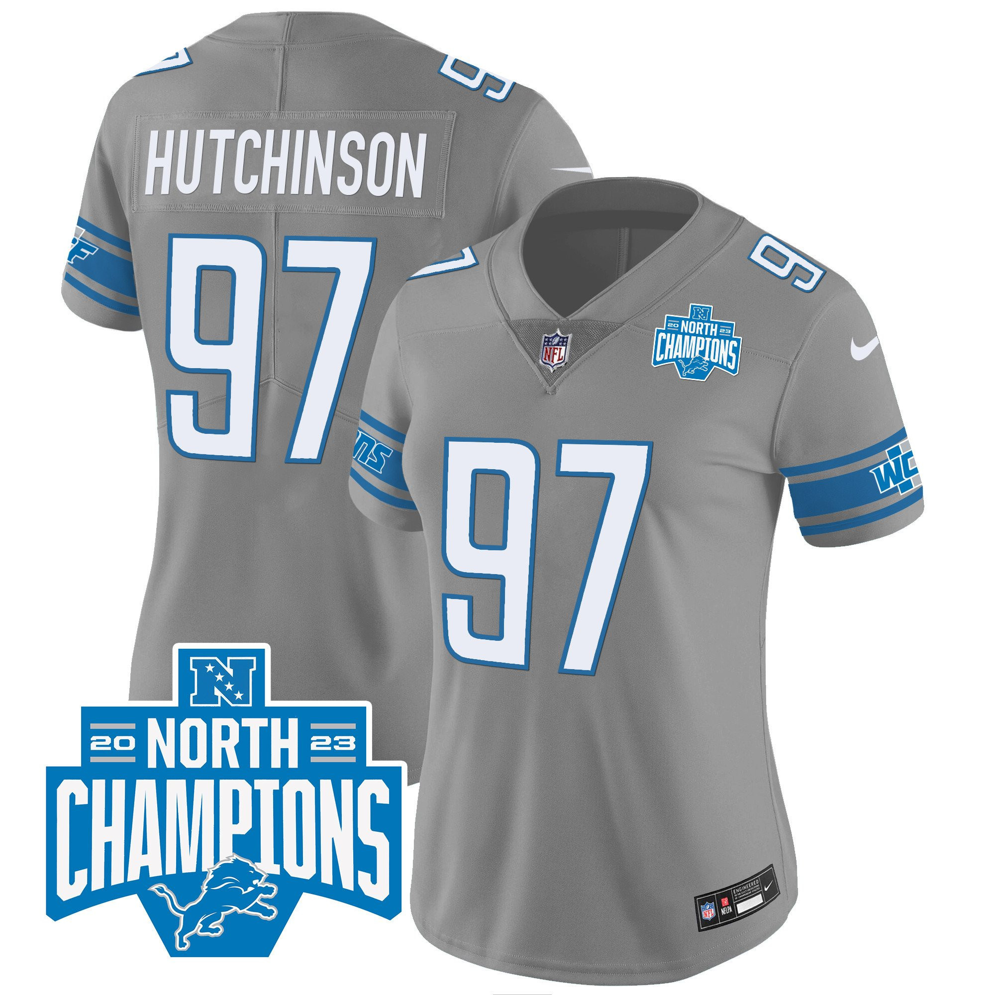 Aidan Hutchinson 97 Detroit Lions 2023 NFC North Division Champions Patch Women Game Jersey - Gray