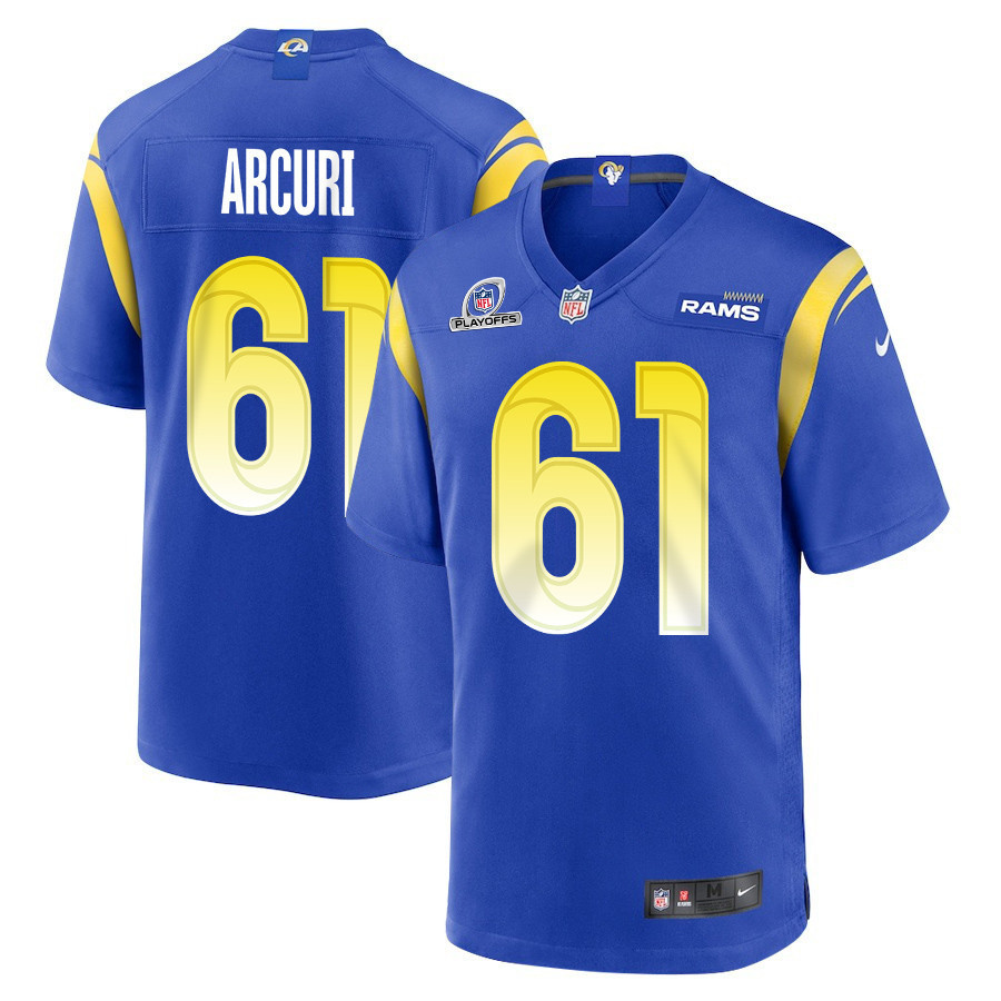 AJ Arcuri 61 Los Angeles Rams 2023 Playoffs Patch Game Men Jersey - Royal