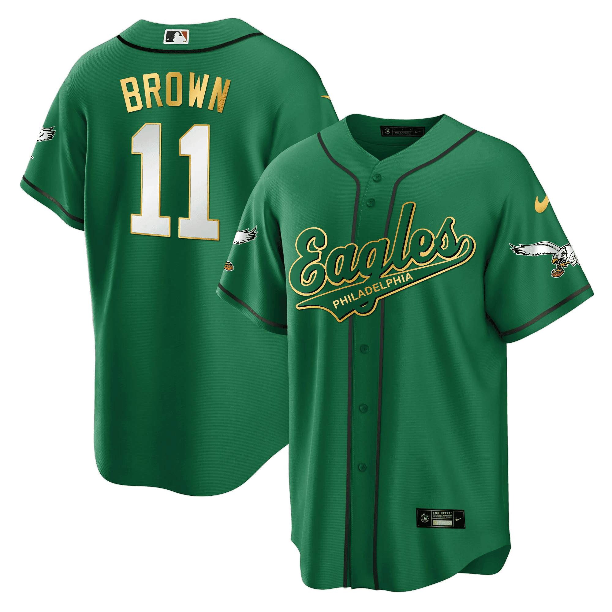 A.J. Brown 11 Philadelphia Eagles Baseball Men Jersey - Kelly Gold Trim