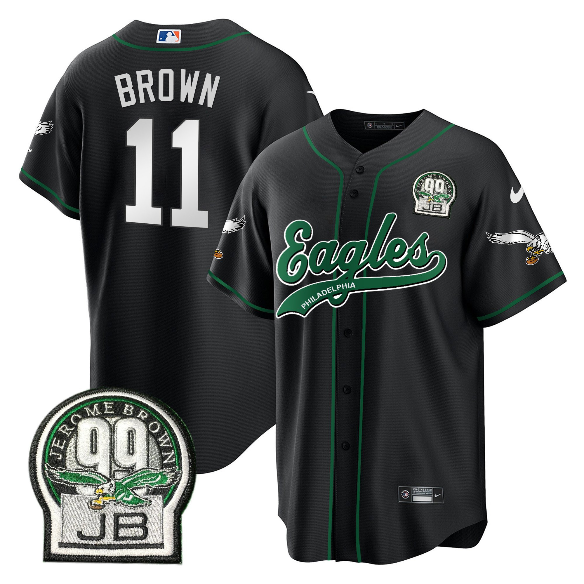 A.J. Brown 11 Philadelphia Eagles Jerome Brown Retired Patch Baseball Men Jersey - Black