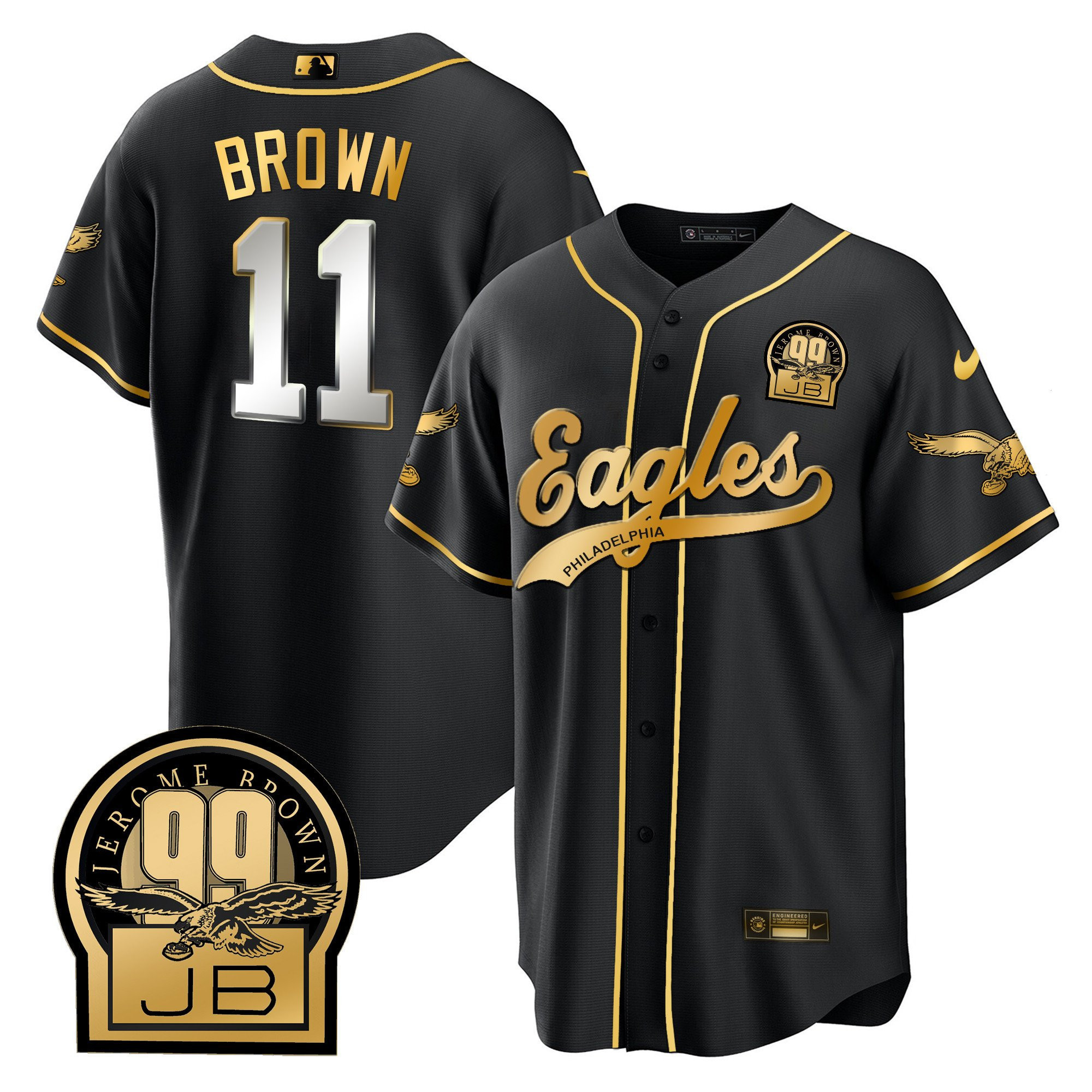 A.J. Brown 11 Philadelphia Eagles Jerome Brown Retired Patch Baseball Men Jersey - Black Limited