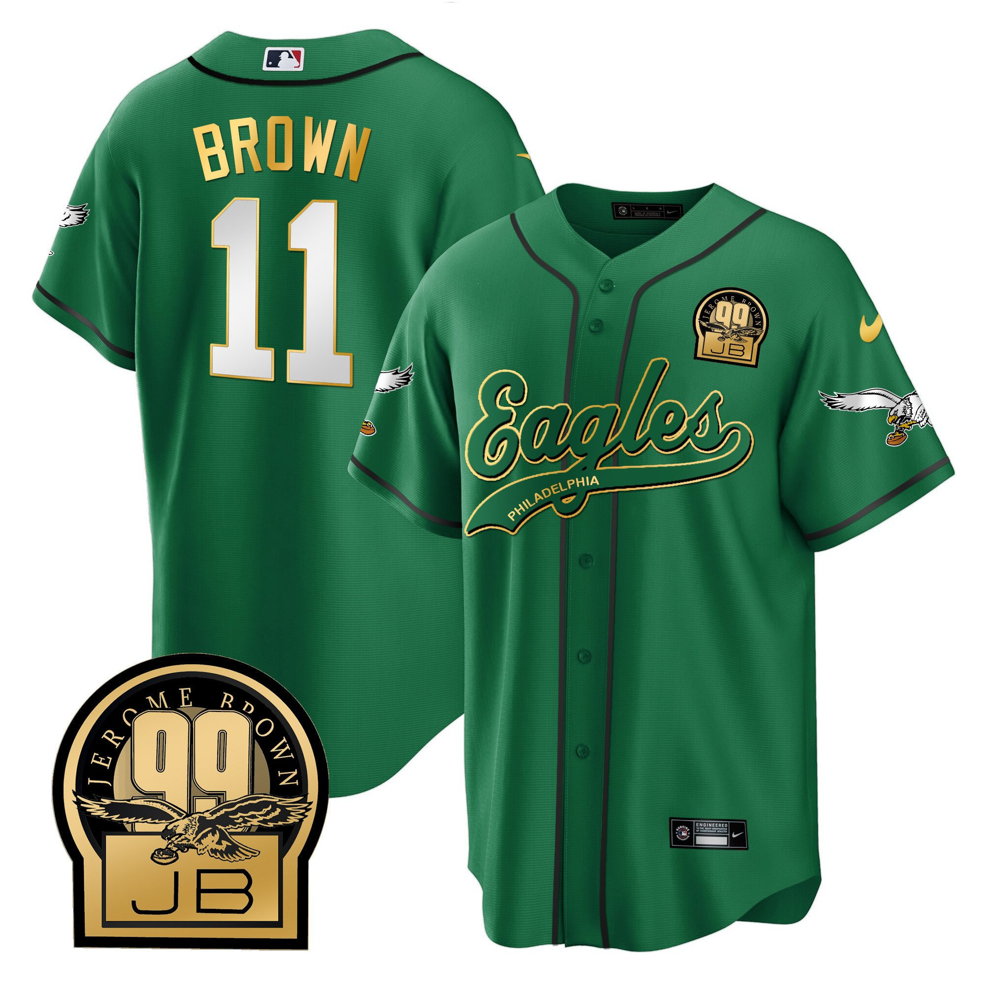 A.J. Brown 11 Philadelphia Eagles Jerome Brown Retired Patch Baseball Men Jersey - Kelly Green Gold Trim