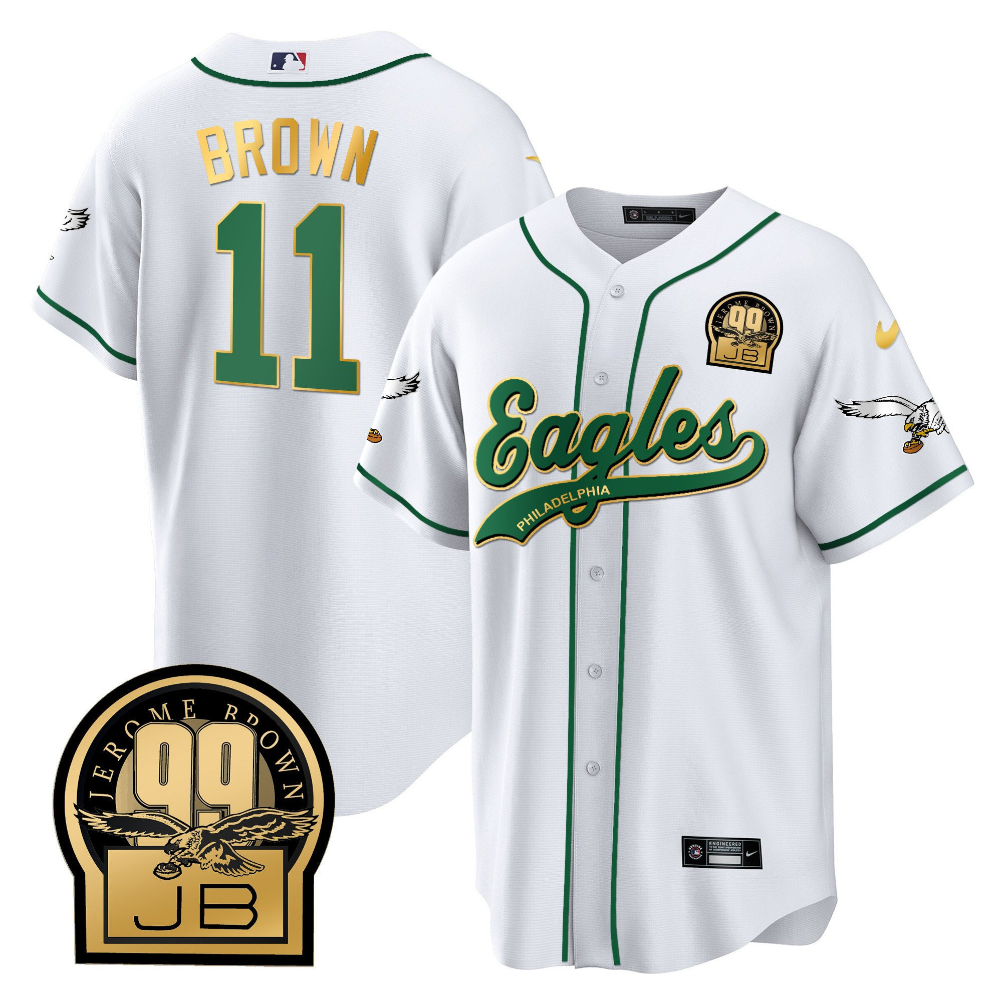 A.J. Brown 11 Philadelphia Eagles Jerome Brown Retired Patch Baseball Men Jersey - White Gold Trim