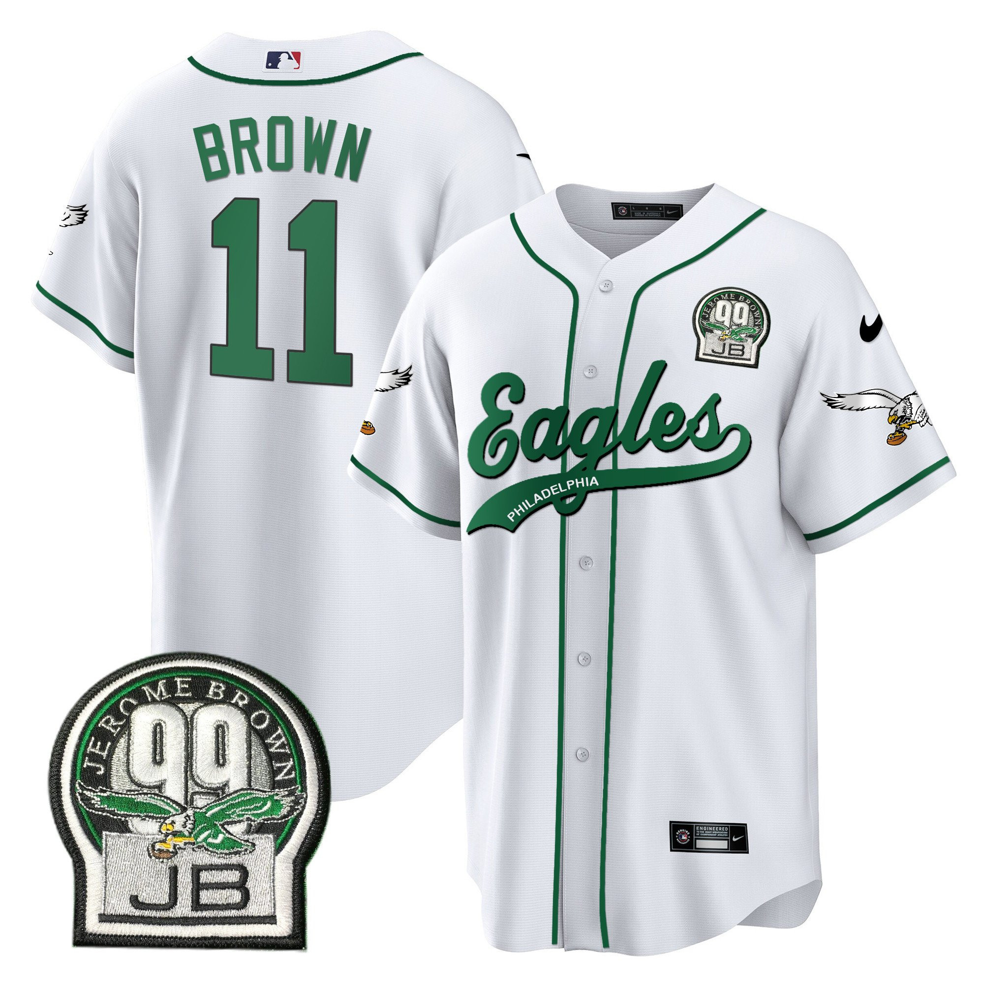 A.J. Brown 11 Philadelphia Eagles Jerome Brown Retired Patch Baseball Men Jersey - White