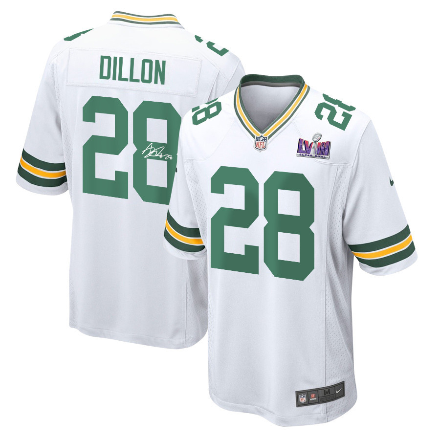 AJ Dillon 28 Signed Green Bay Packers Super Bowl LVIII Game Men Jersey - White