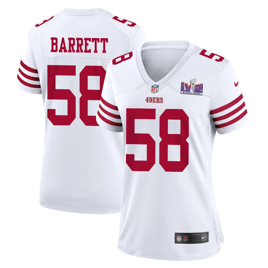 Alex Barrett 58 San Francisco 49ers Super Bowl LVIII Patch Game Women Jersey - White