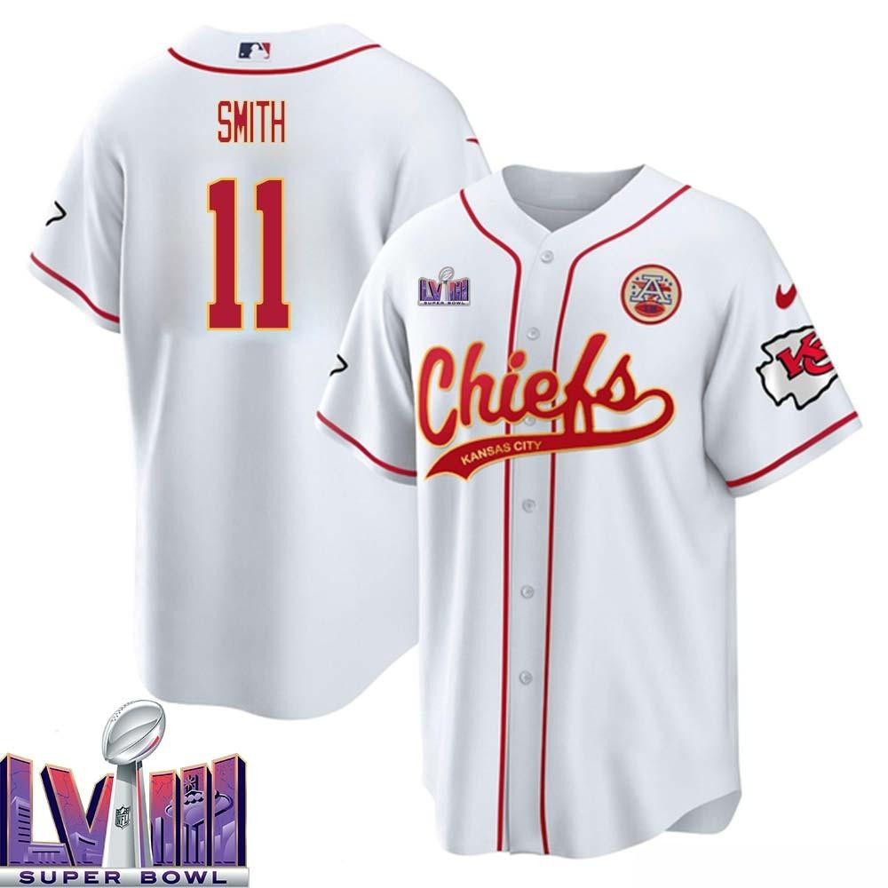 Alex Smith 11 Kansas City Chiefs Super Bowl LVIII Baseball Men Jersey - White
