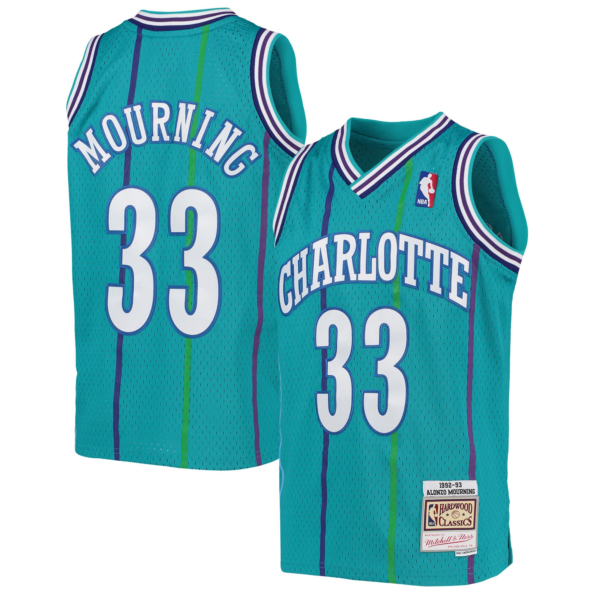 Alonzo Mourning Charlotte Hornets Mitchell & Ness Youth 1992\/93 Hardwood Classics Swingman Jersey - Teal