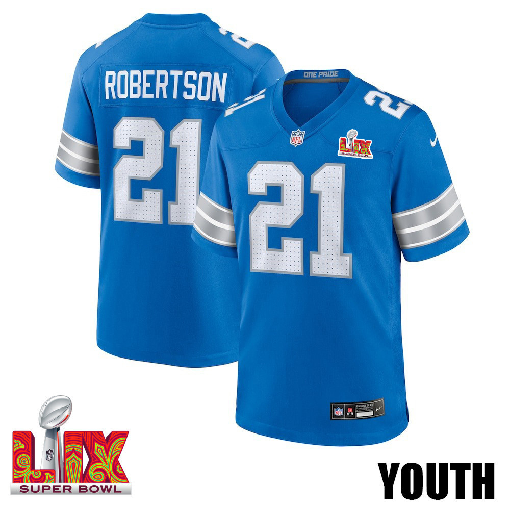 Amik Robertson #21 Detroit Lions Super Bowl LIX YOUTH Jersey - Blue