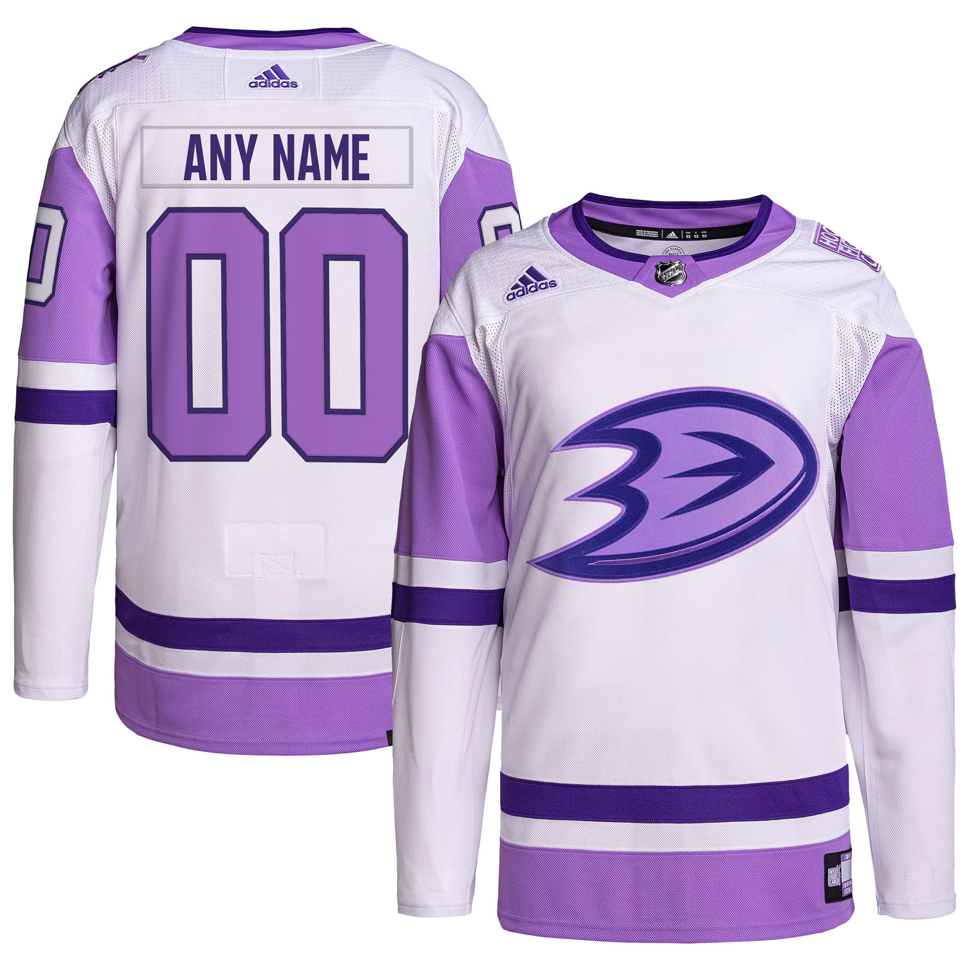Anaheim Ducks adidas Hockey Fights Cancer Primegreen Authentic Custom Jersey - White\/Purple
