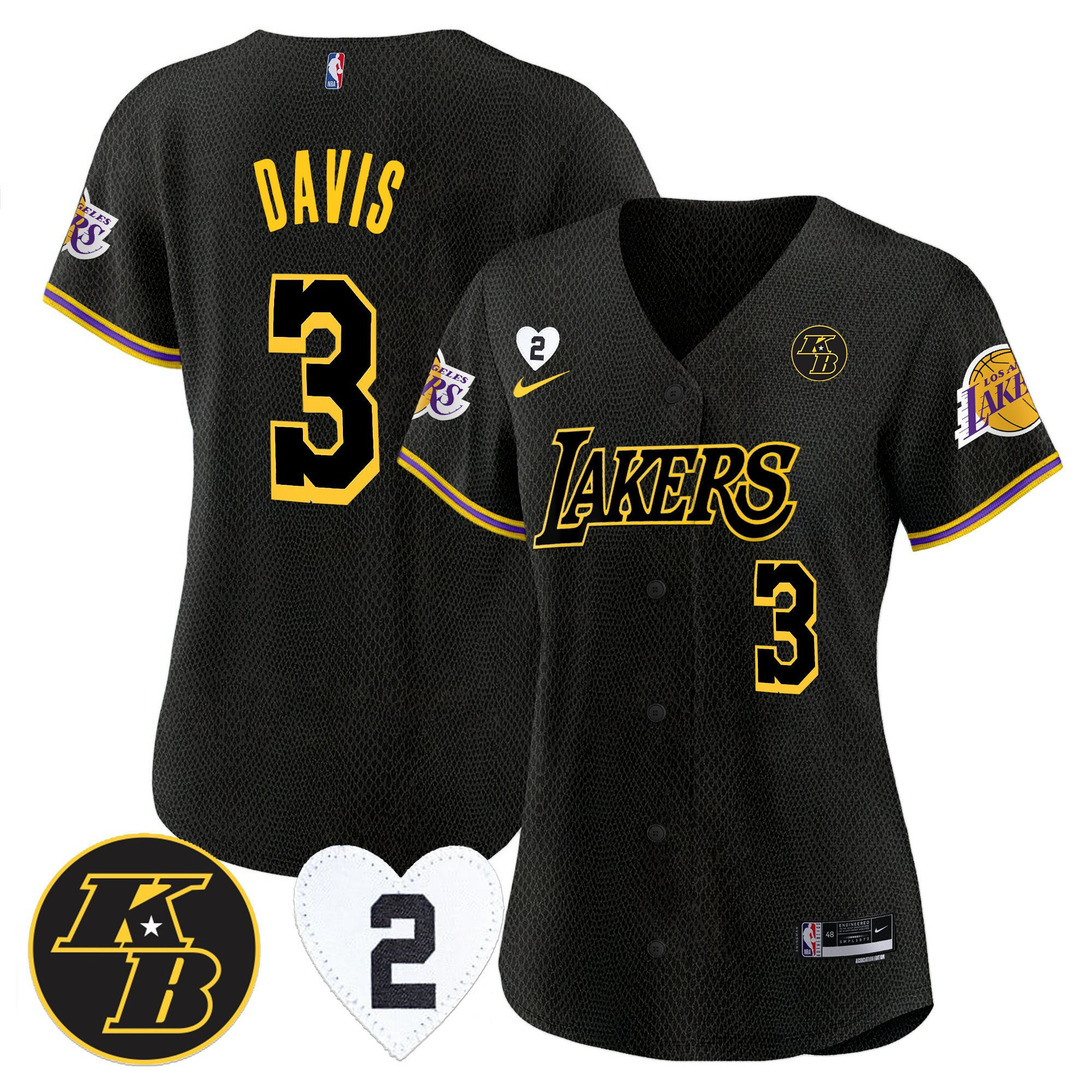 Anthony Davis 3 Los Angeles Lakers Kobe & Gigi Patch Baseball Jersey - Black Mamba