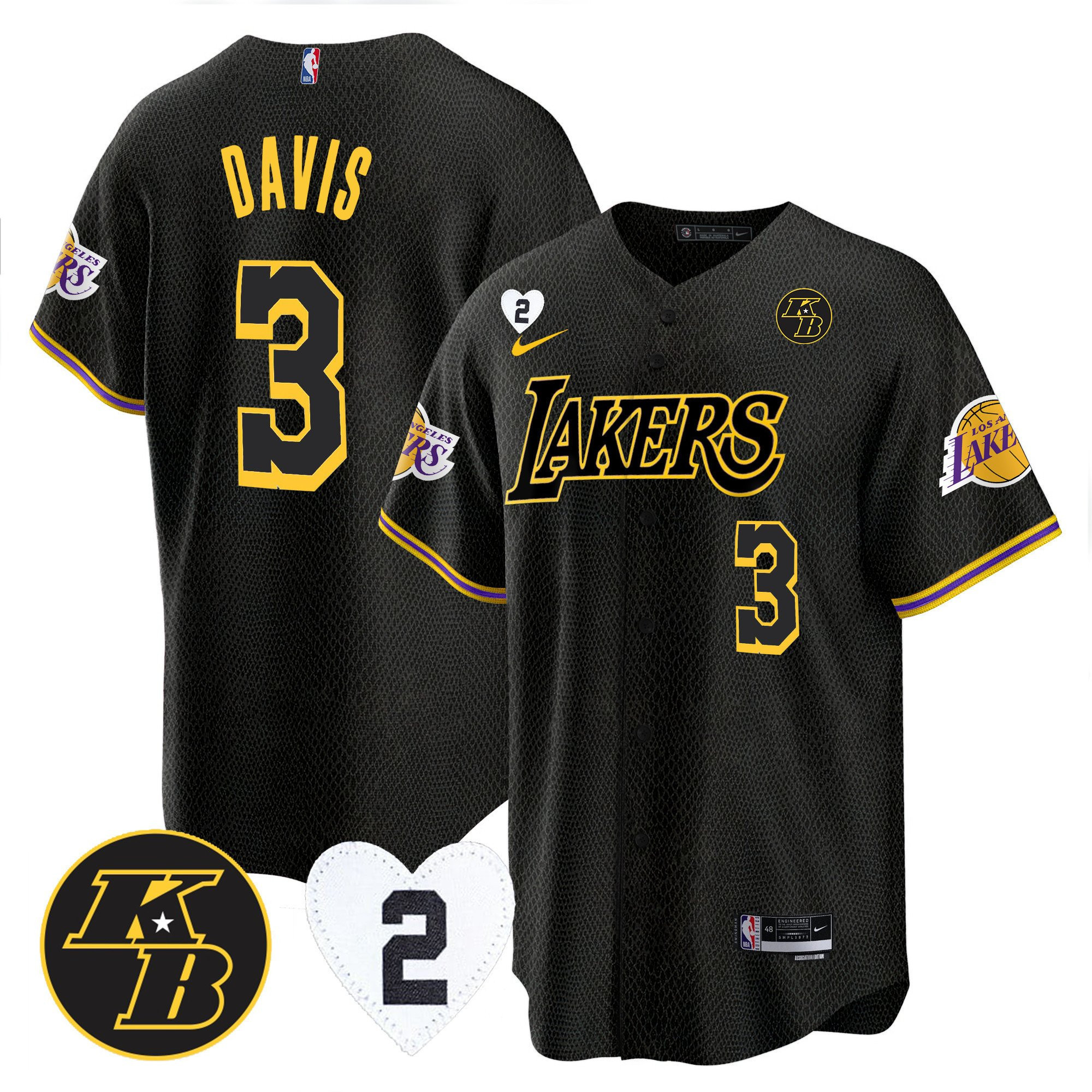 Anthony Davis 3 Los Angeles Lakers Kobe & Gigi Patch Baseball Men Jersey - Black Mamba