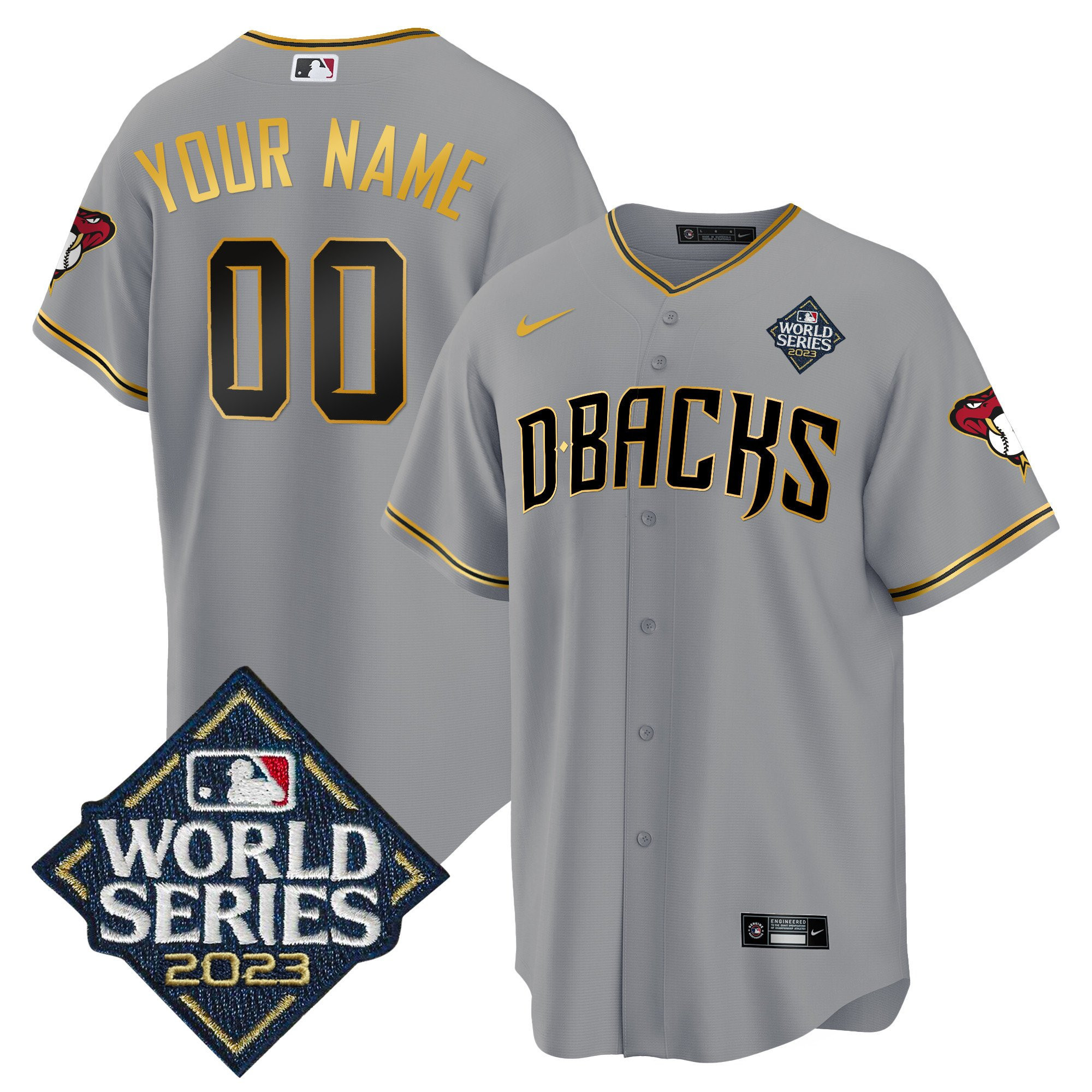 Arizona Diamondbacks 2023 World Series Patch Men Custom Jersey - Gray Gold