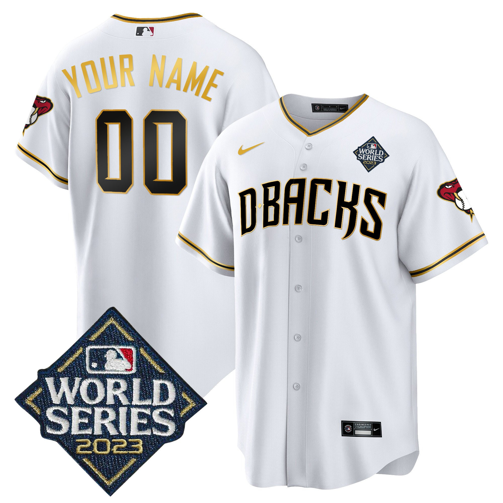 Arizona Diamondbacks 2023 World Series Patch Men Custom Jersey - White Gold