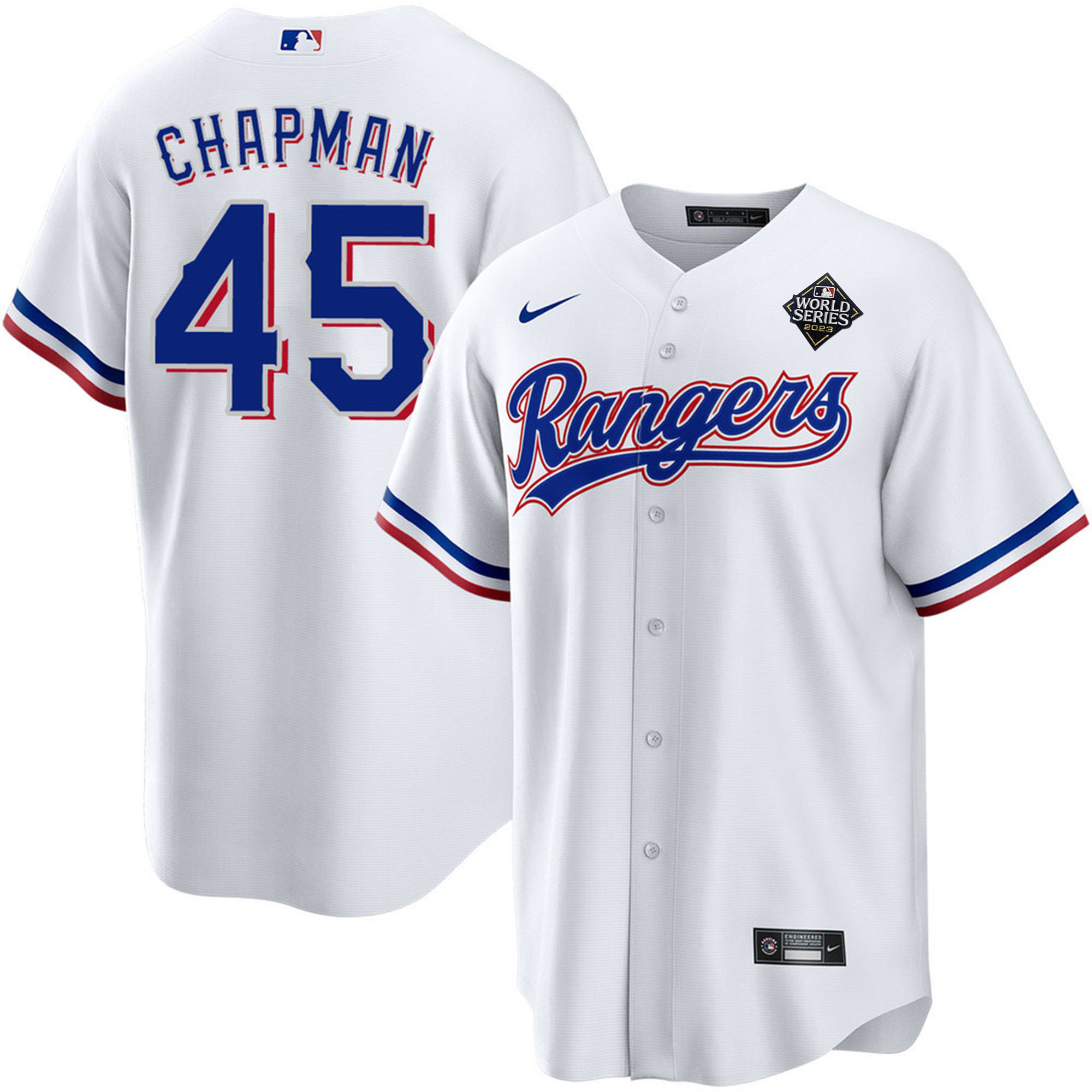 Aroldis Chapman 45 Texas Rangers 2023 World Series Stitched Baseball Jersey - White