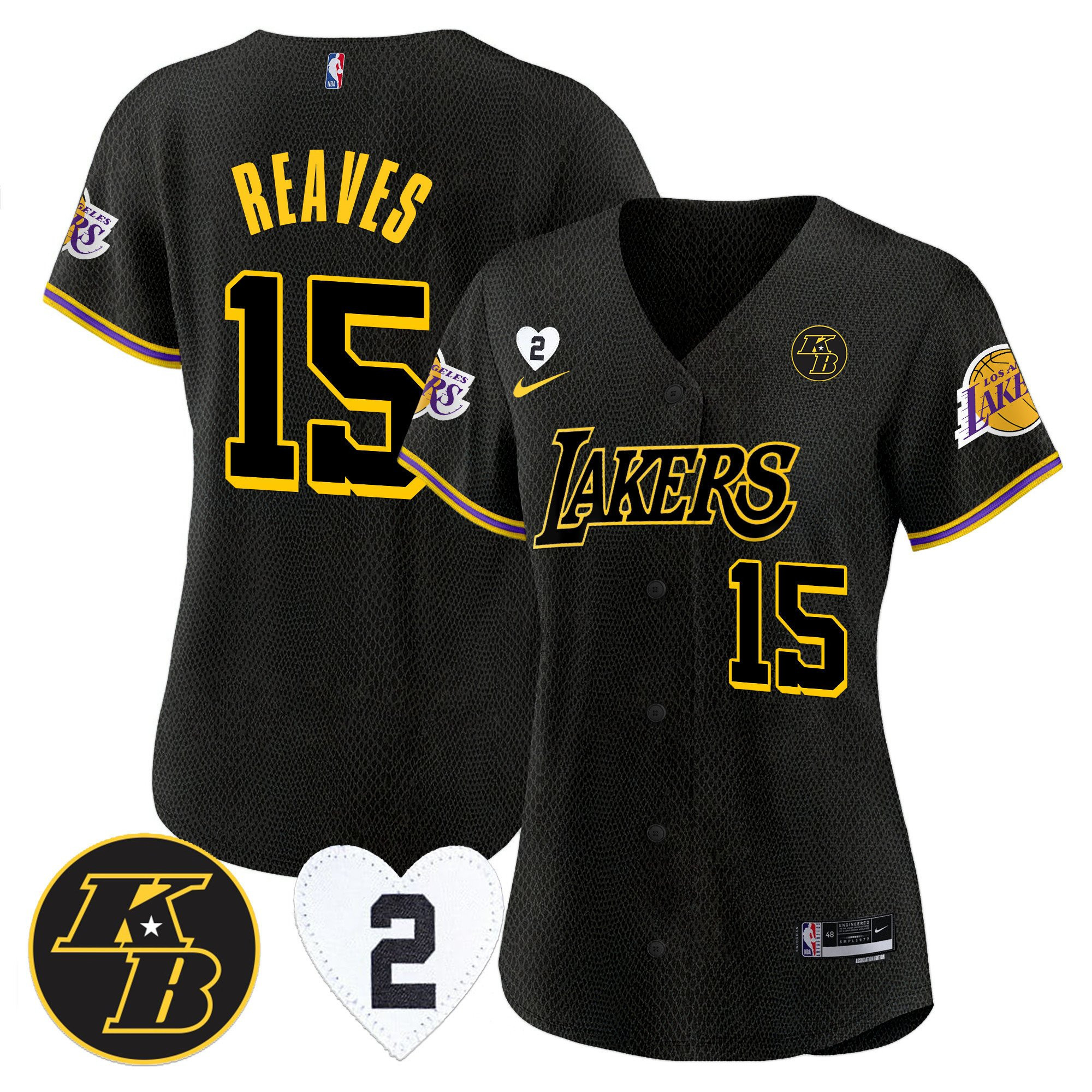 Austin Reaves 15 Los Angeles Lakers Kobe & Gigi Patch Baseball Jersey - Black Mamba