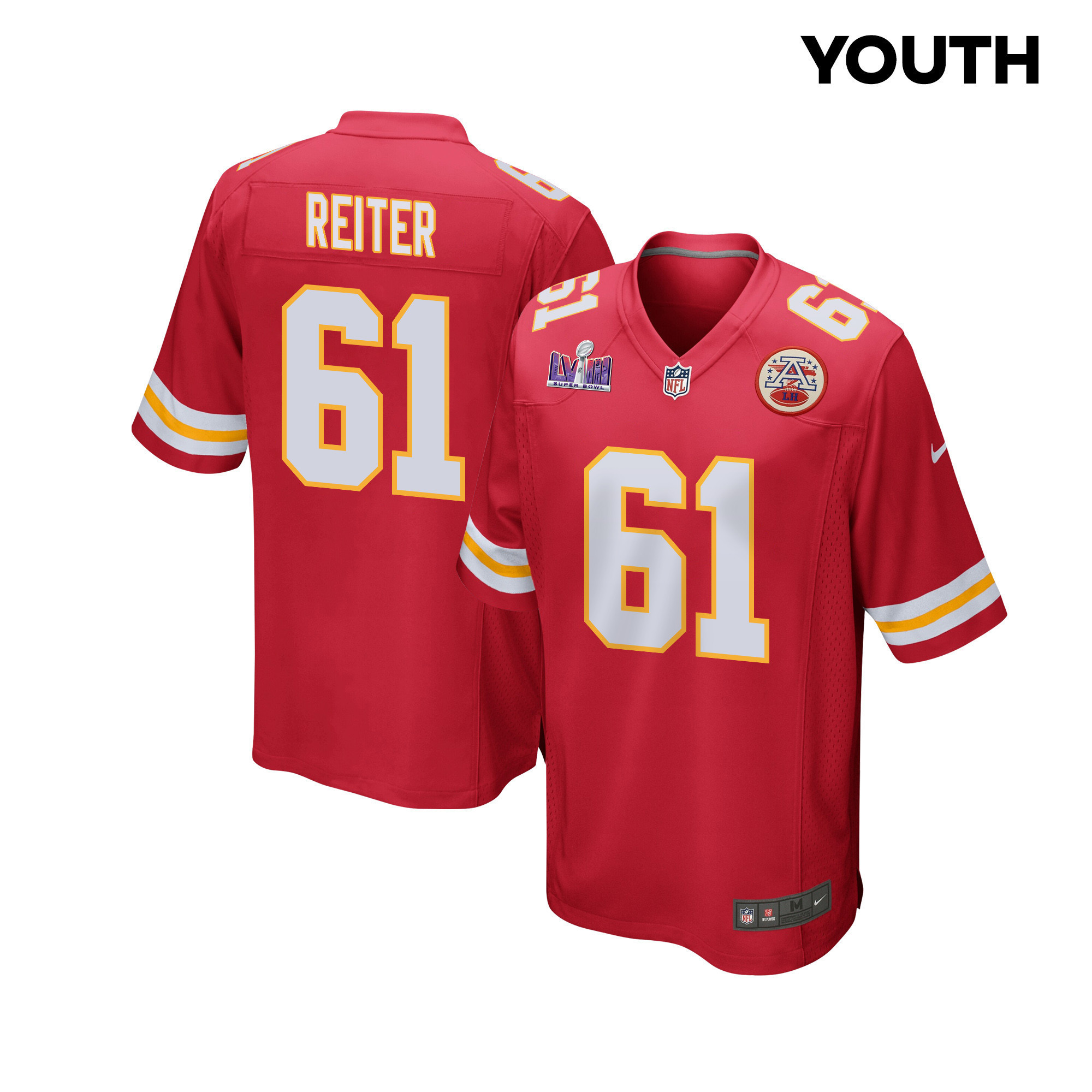 Austin Reiter 61 Kansas City Chiefs Super Bowl LVIII Patch Game YOUTH Jersey - Red