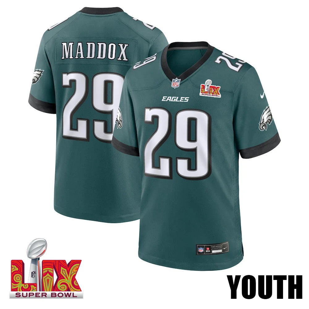 Avonte Maddox #29 Philadelphia Eagles Super Bowl LIX YOUTH Jersey - Midnight Green
