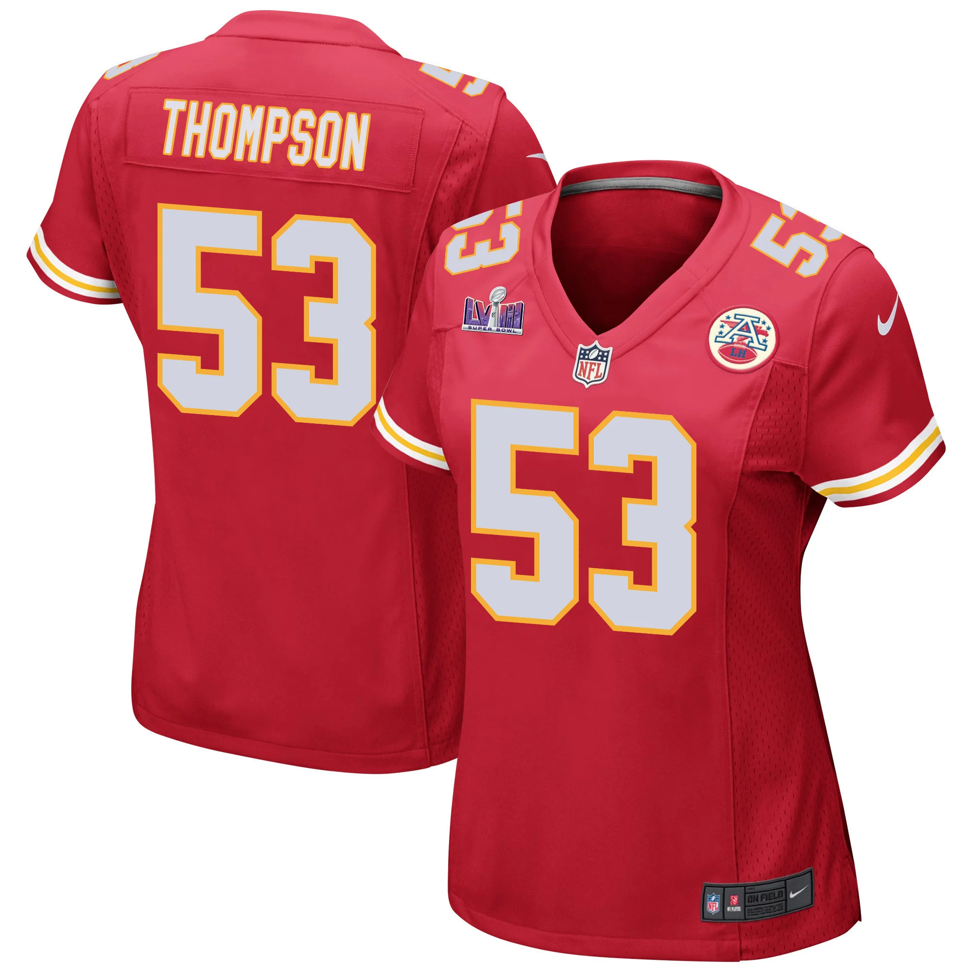 BJ Thompson 53 Kansas City Chiefs Super Bowl LVIII Patch Game Women Jersey - Red