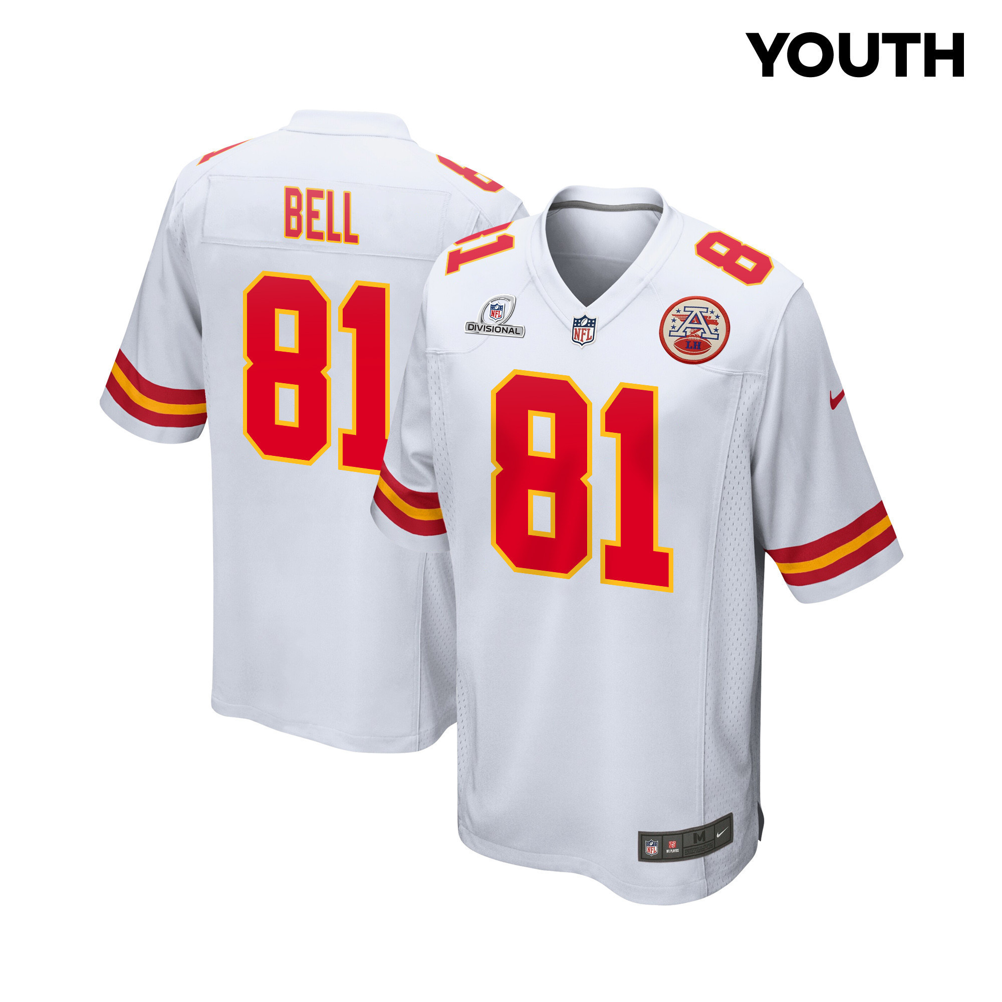 Blake Bell 81 Kansas City Chiefs Super Bowl LVIII Patch Game YOUTH Jersey - White