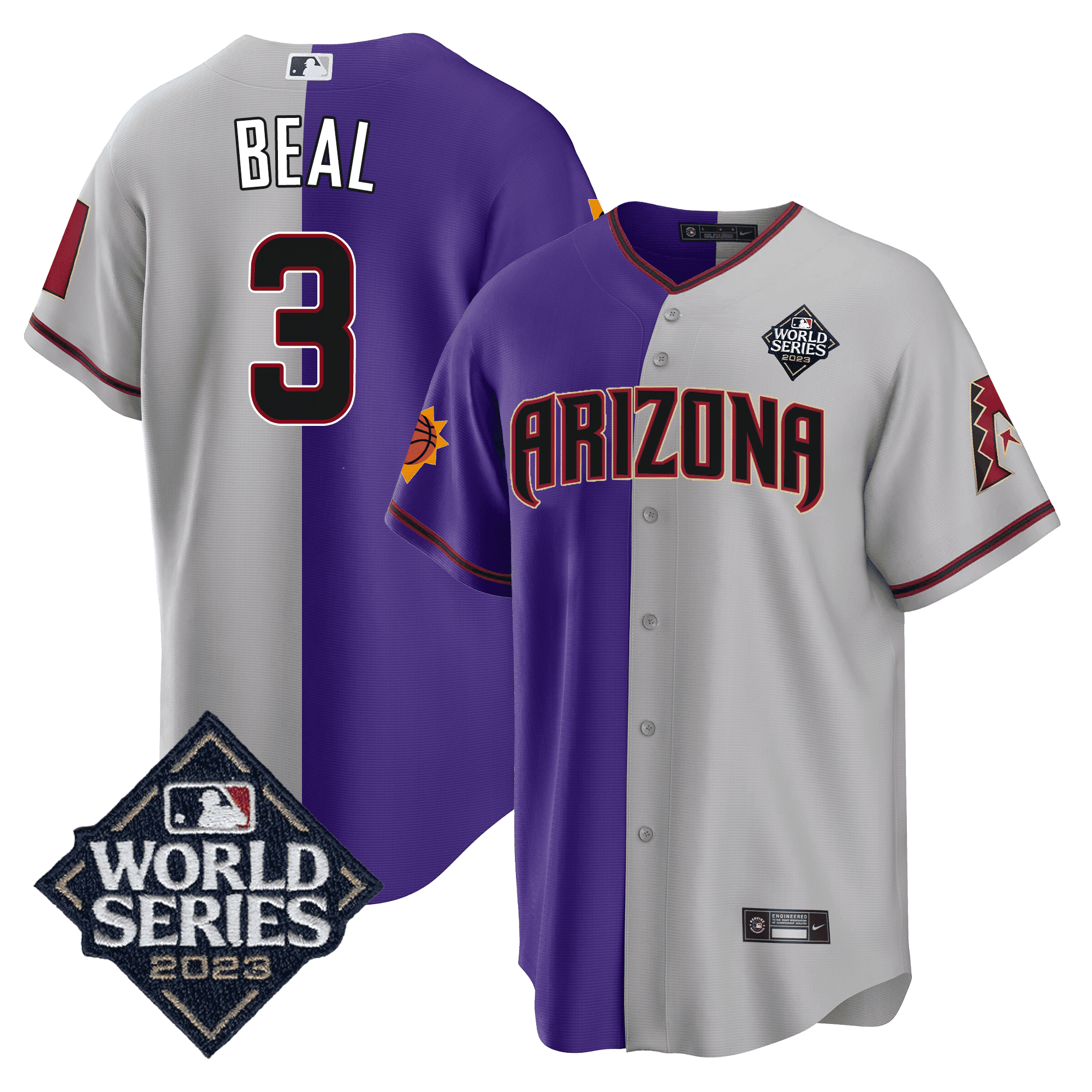 Bradley Beal 3 Arizona Diamondbacks Phoenix Suns 2023 World Series Stitched Baseball Jersey - Grey/Purple