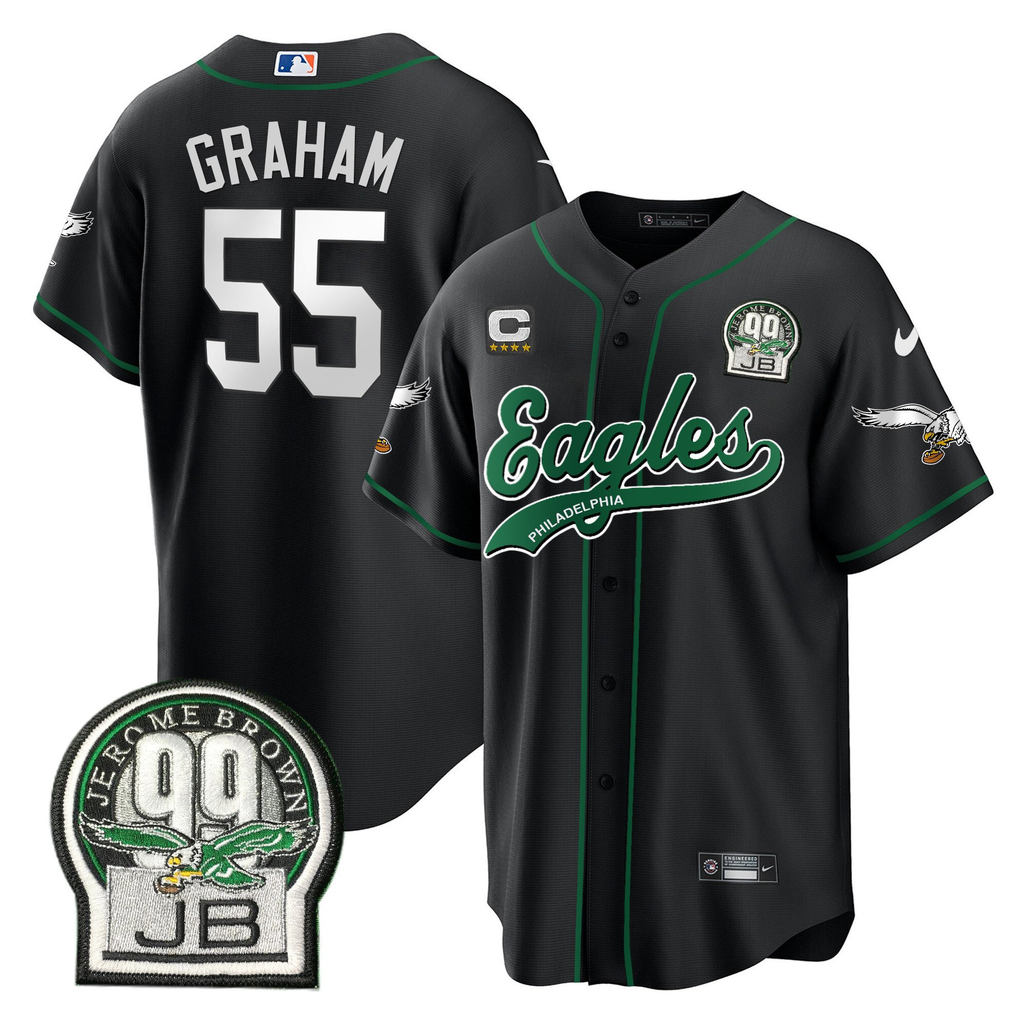 Brandon Graham 55 Philadelphia Eagles Jerome Brown Retired Patch Baseball Men Jersey - Black