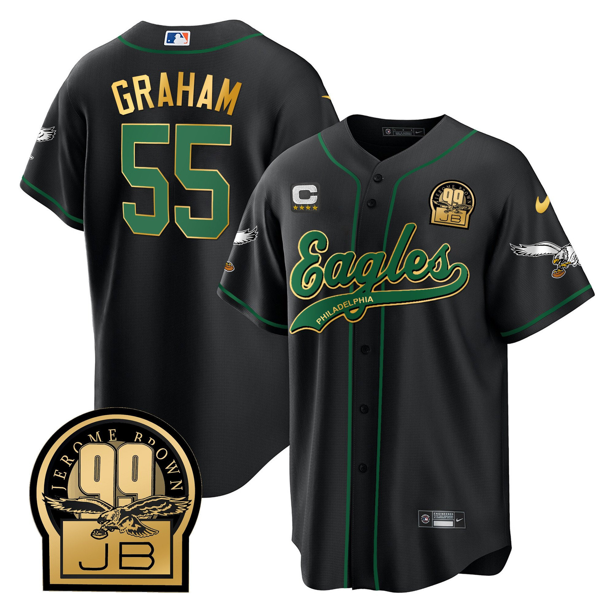 Brandon Graham 55 Philadelphia Eagles Jerome Brown Retired Patch Baseball Men Jersey - Black Gold Trim