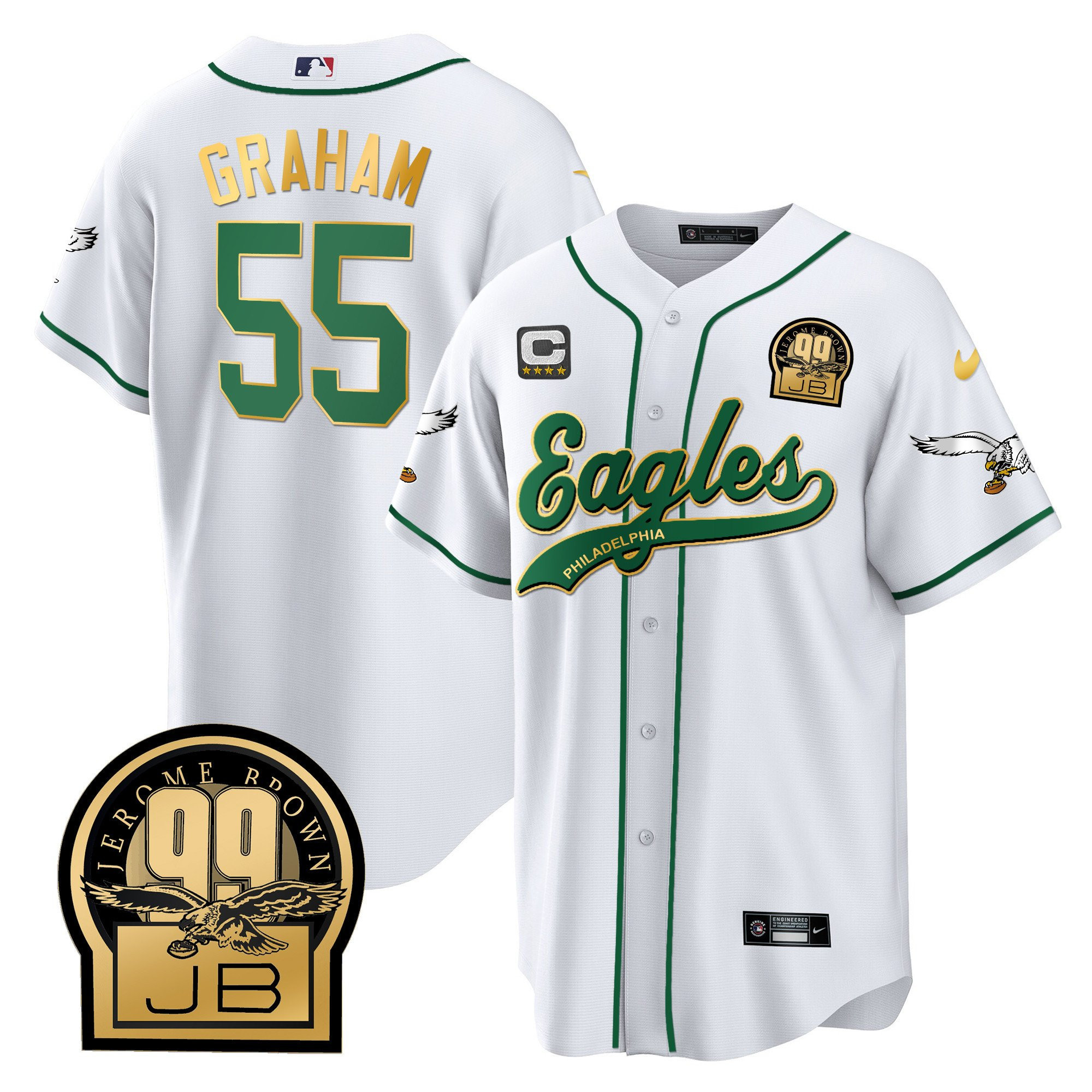 Brandon Graham 55 Philadelphia Eagles Jerome Brown Retired Patch Baseball Men Jersey - White Gold Trim