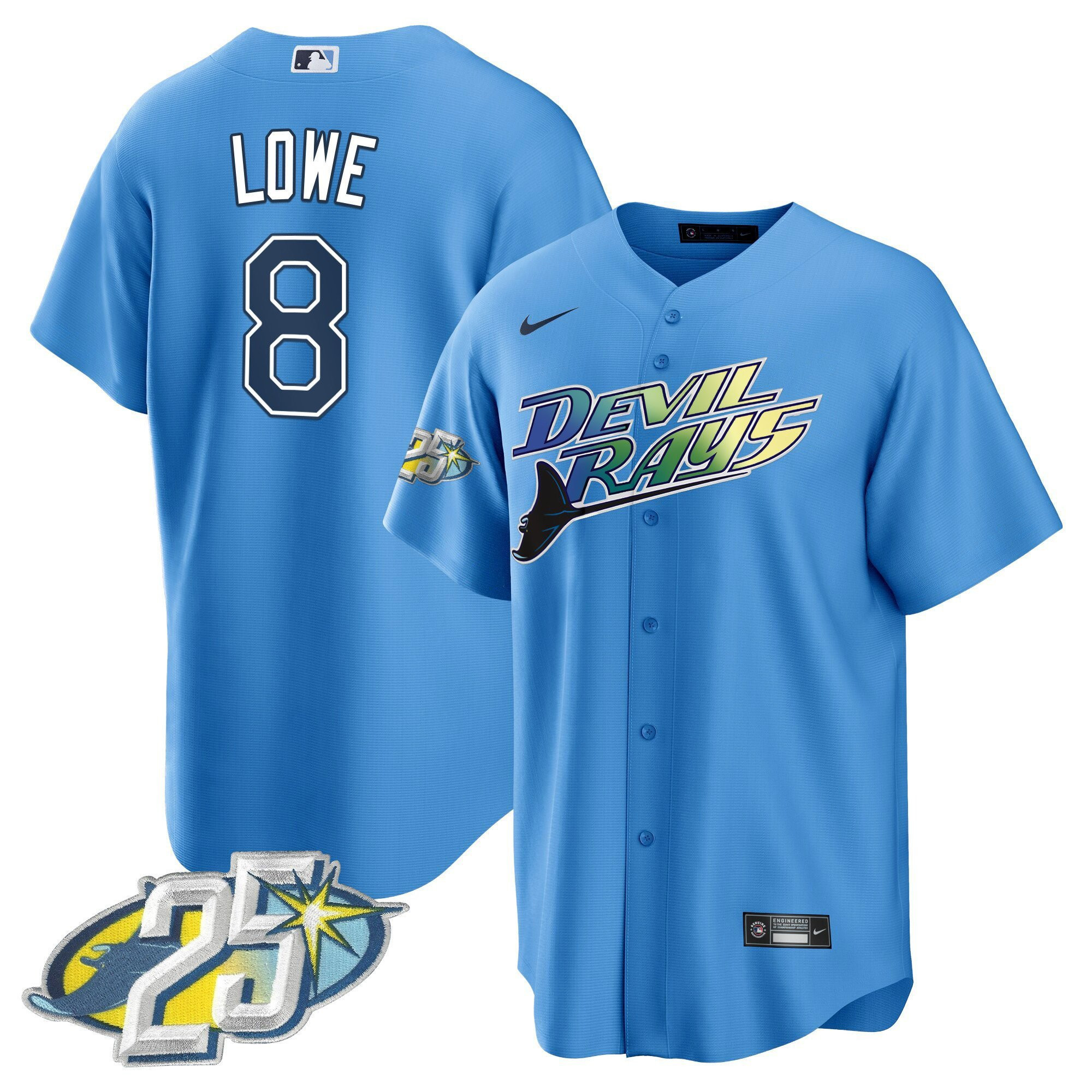 Brandon Lowe 8 Tampa Bay Rays 25th Anniversary Patch Men Jersey - Light Blue