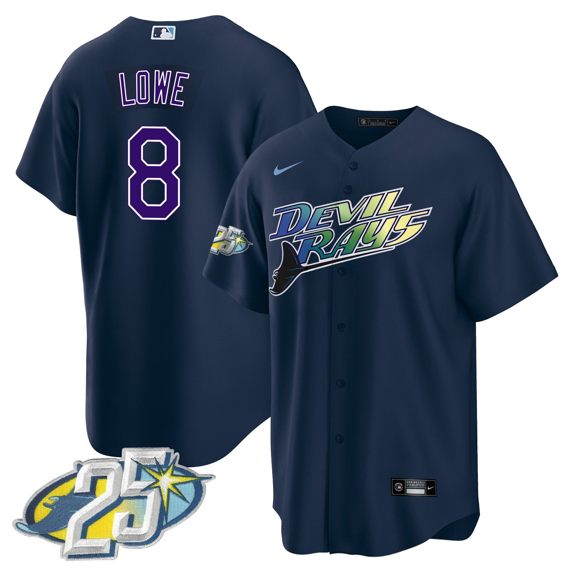 Brandon Lowe 8 Tampa Bay Rays 25th Anniversary Patch Men Jersey - Navy