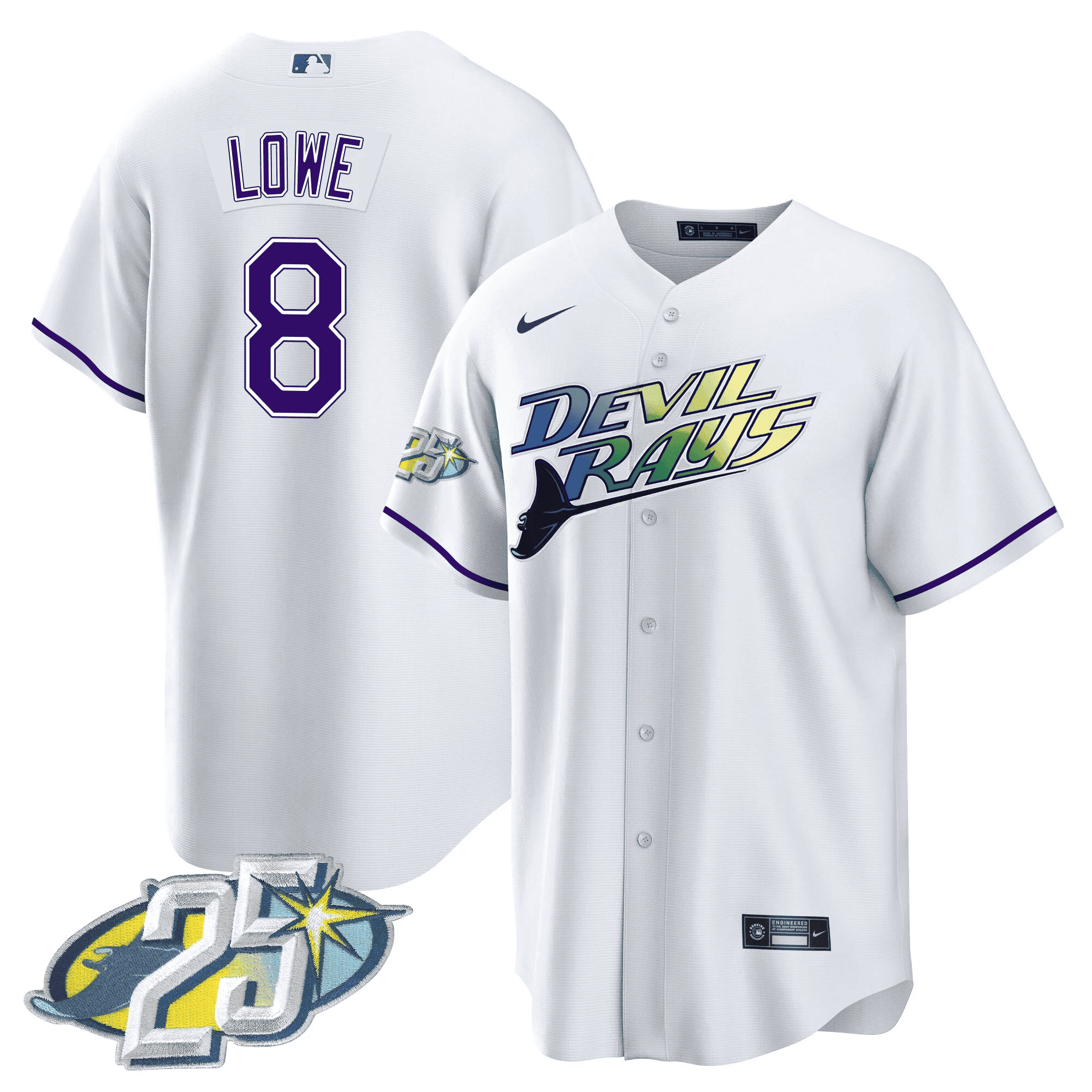 Brandon Lowe 8 Tampa Bay Rays 25th Anniversary Patch Men Jersey - White