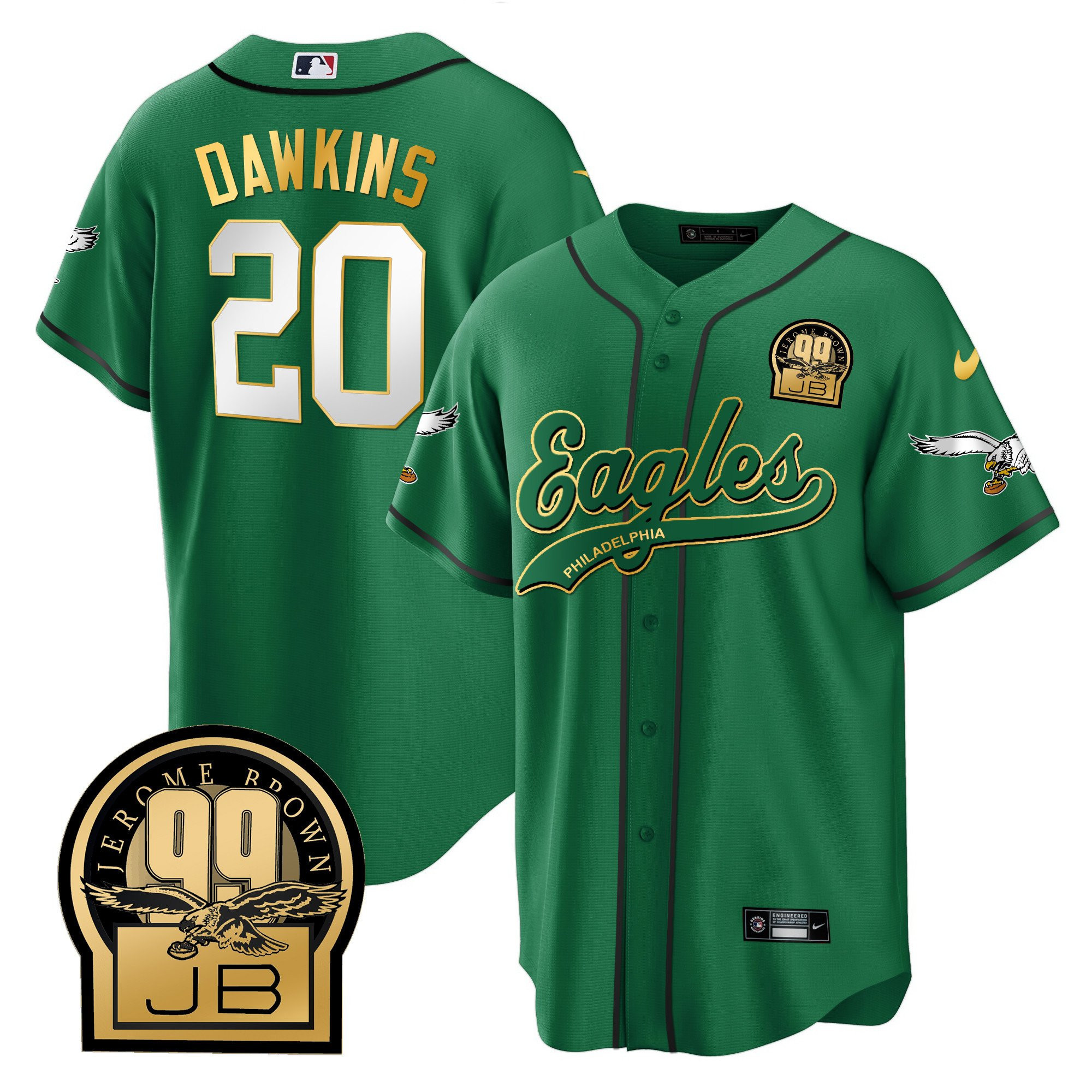 Brian Dawkins 20 Philadelphia Eagles Jerome Brown Retired Patch Baseball Men Jersey - Kelly Green Gold Trim