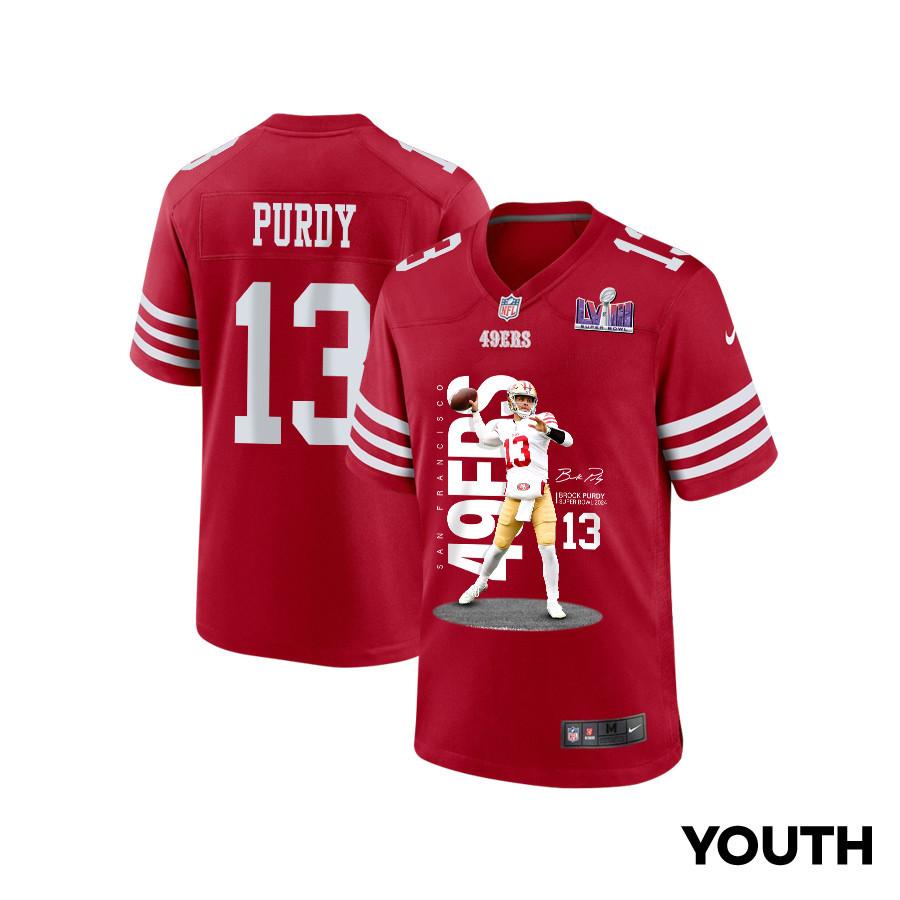 Brock Purdy 13 San Francisco 49ers Throwing Ball Game YOUTH Jersey - Scarlet