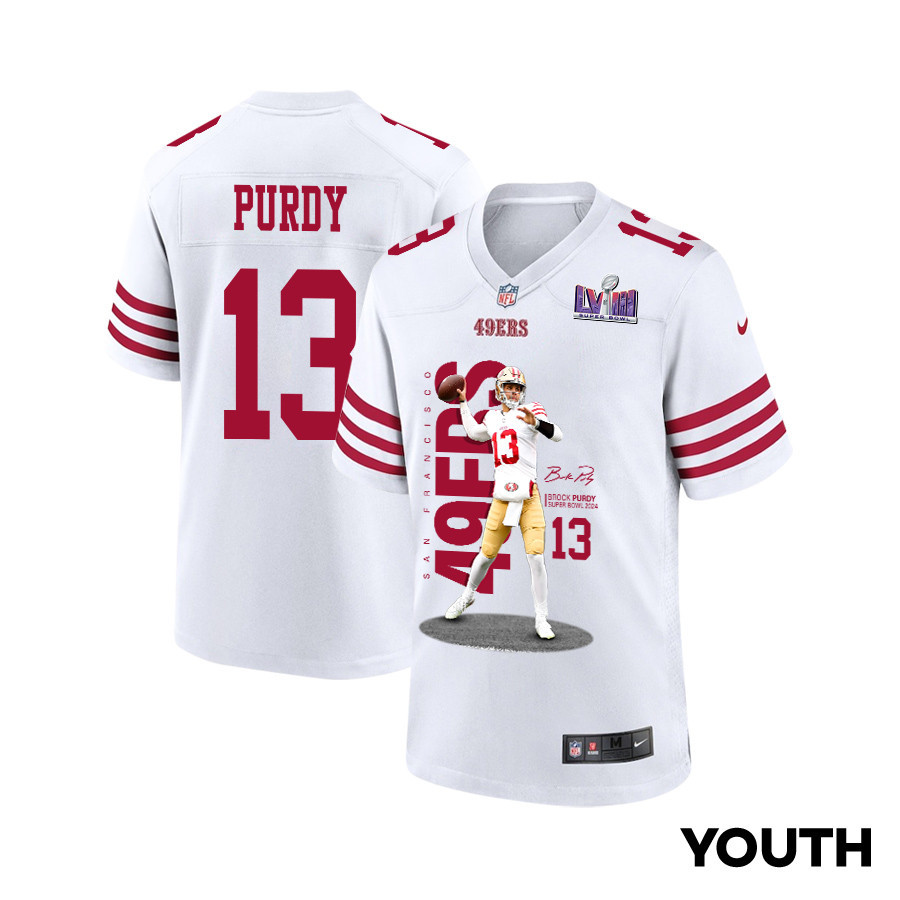 Brock Purdy 13 San Francisco 49ers Throwing Ball Game YOUTH Jersey - White