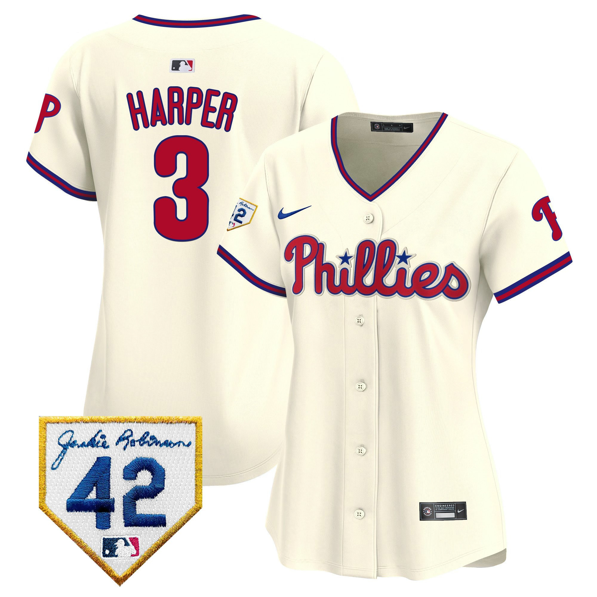 Bryce Harper 3 Philadelphia Phillies 2024 Jackie Robinson Patch Women Jersey - Cream