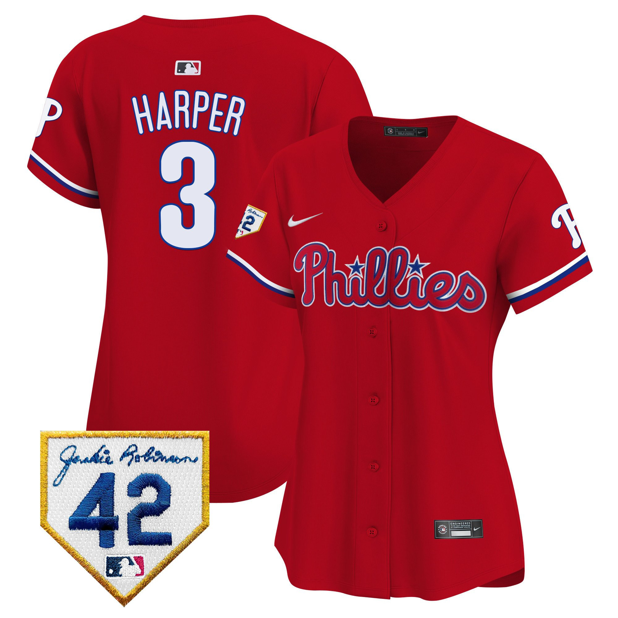 Bryce Harper 3 Philadelphia Phillies 2024 Jackie Robinson Patch Women Jersey - Red