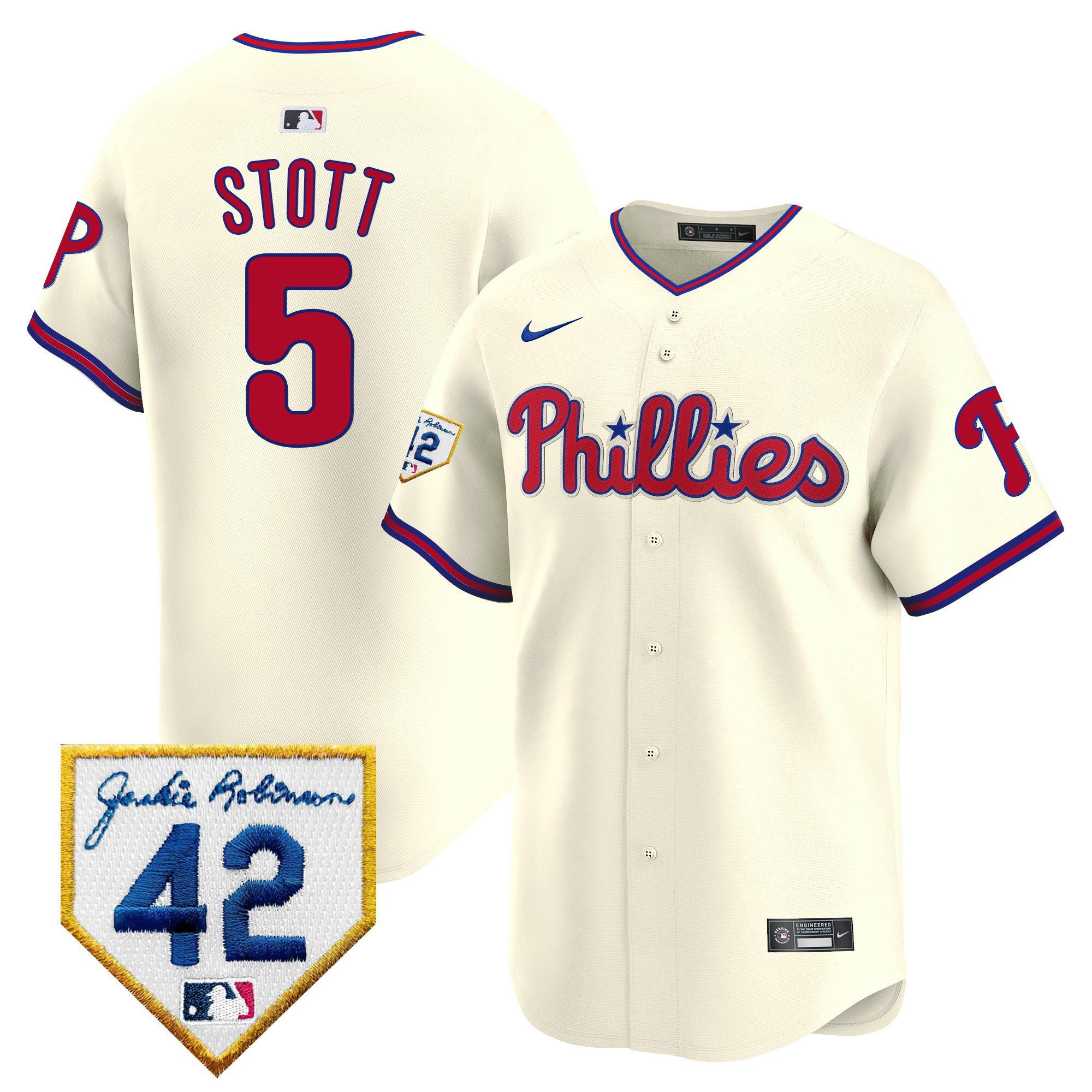 Bryson Stott 5 Philadelphia Phillies 2024 Jackie Robinson Patch Men Jersey - Cream