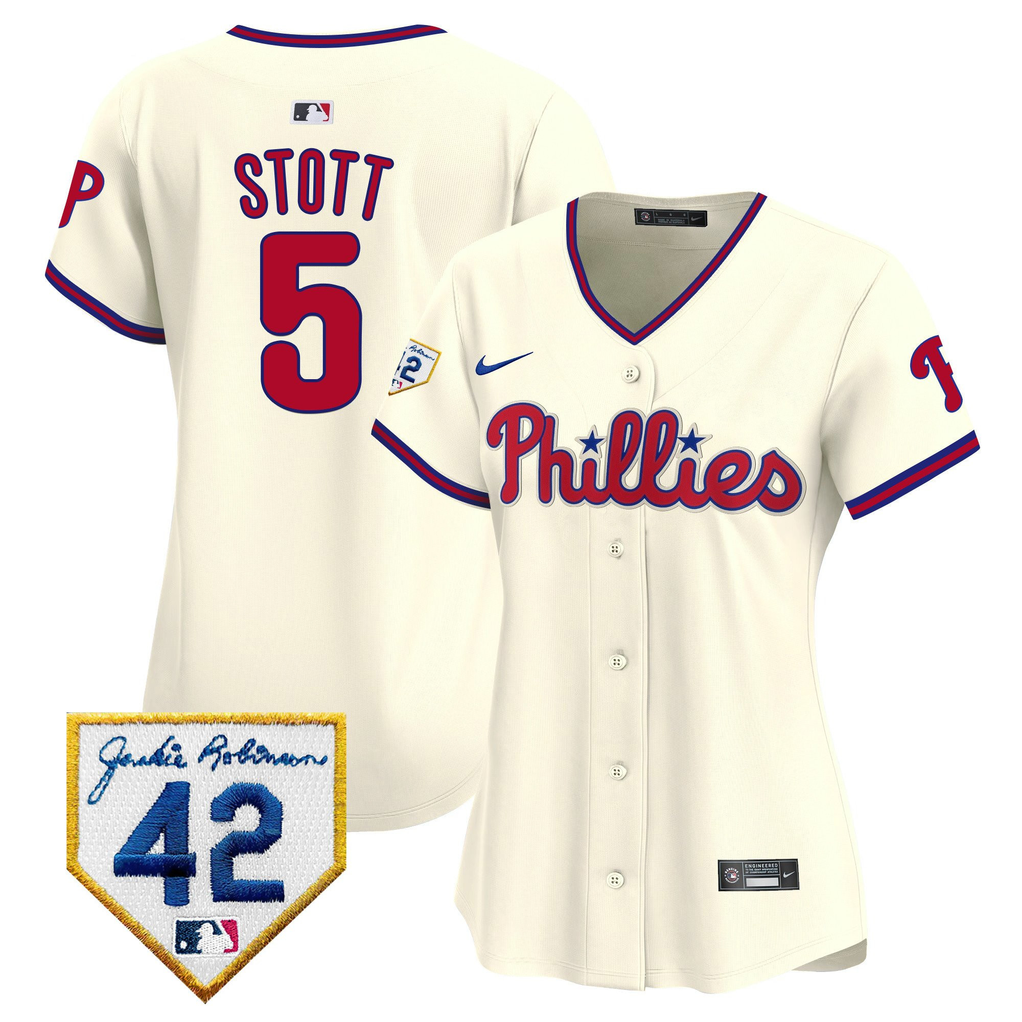 Bryson Stott 5 Philadelphia Phillies 2024 Jackie Robinson Patch Women Jersey - Cream