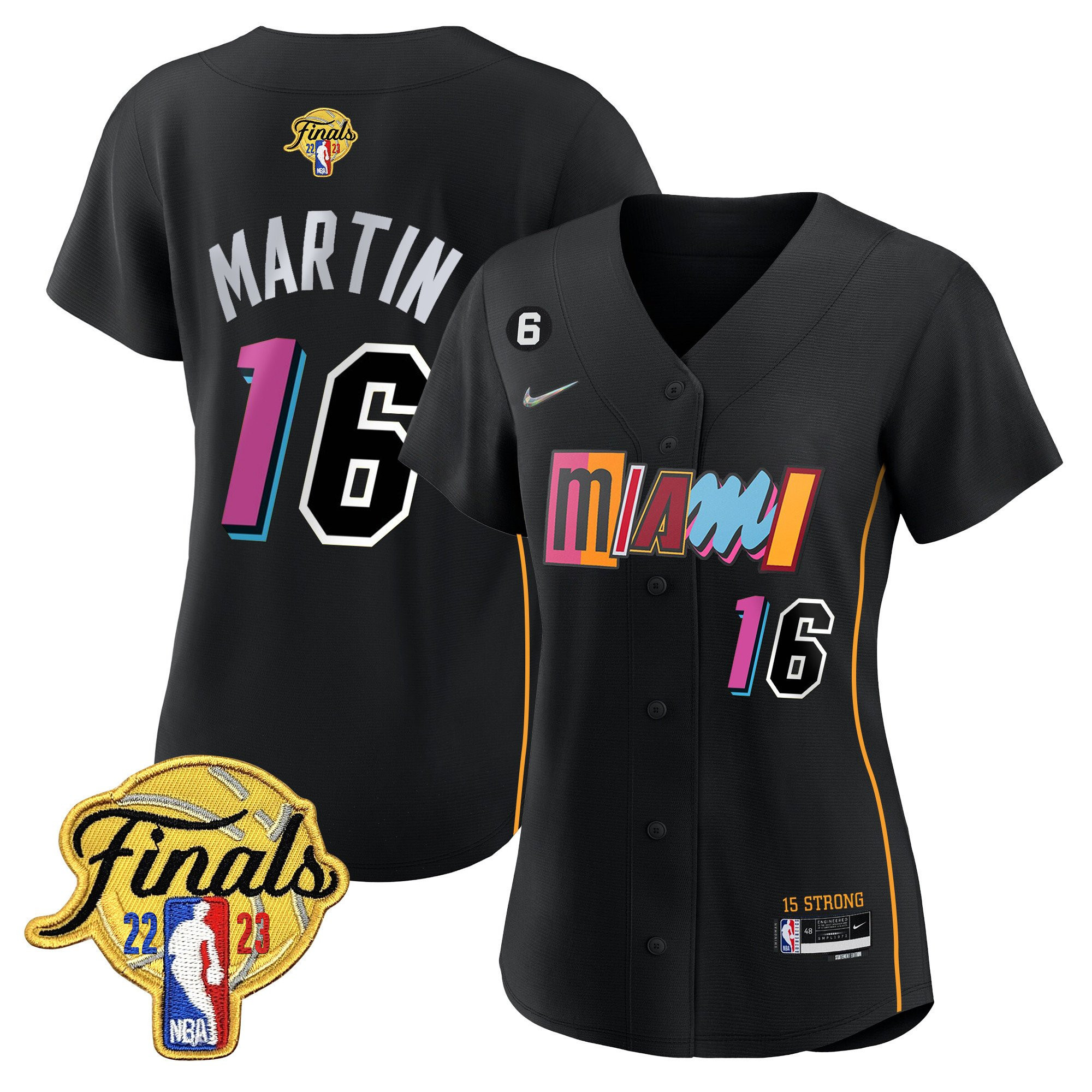Caleb Martin 16 Miami Heat 2023 Finals Baseball Women Jersey - City Black