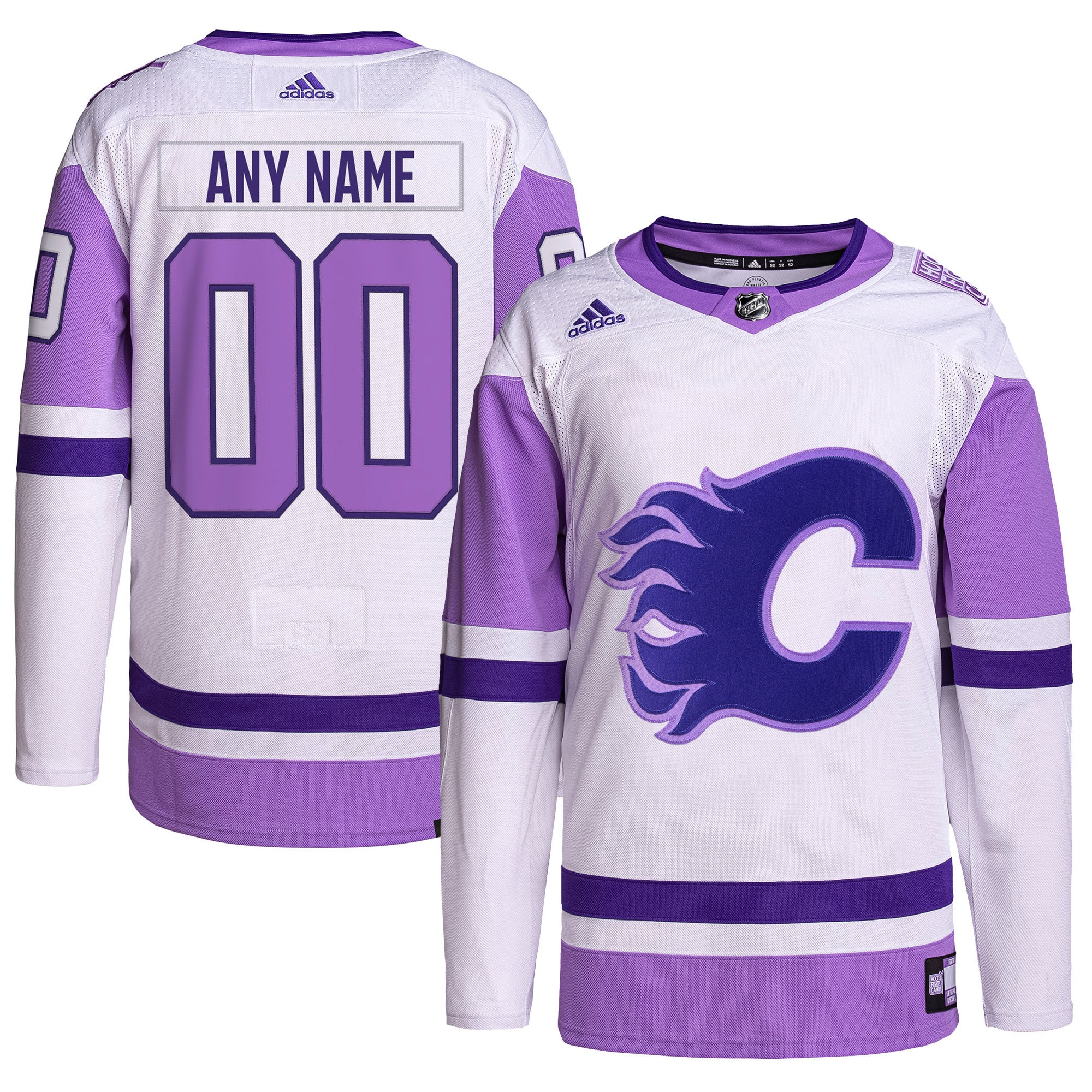 Calgary Flames adidas Hockey Fights Cancer Primegreen Authentic Custom Jersey - White\/Purple