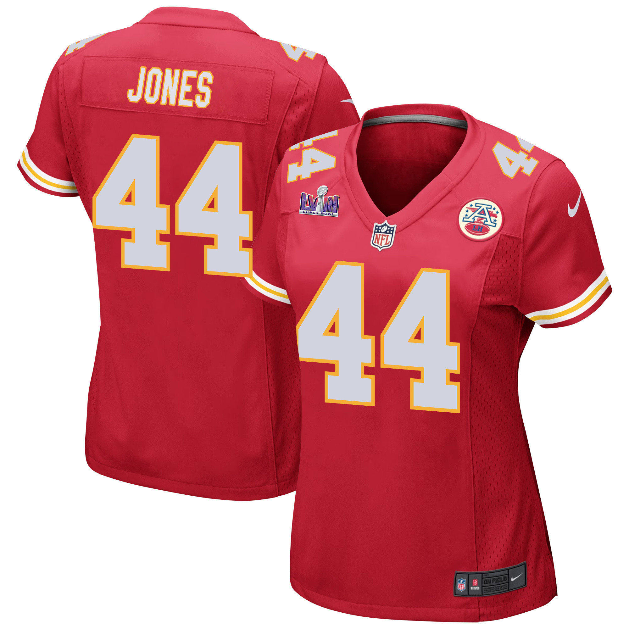 Cam Jones 44 Kansas City Chiefs Super Bowl LVIII Patch Game Women Jersey - Red