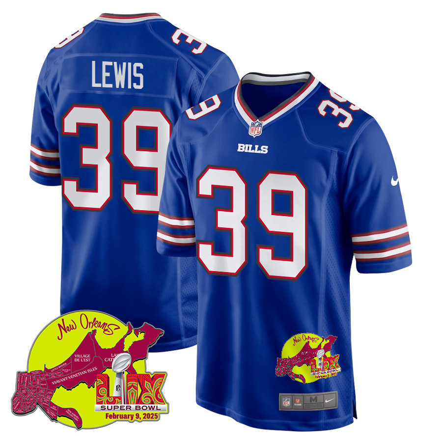 Cam Lewis 39 Buffalo Bills Super Bowl LIX New Orleans Patch Game Men Jersey - Royal