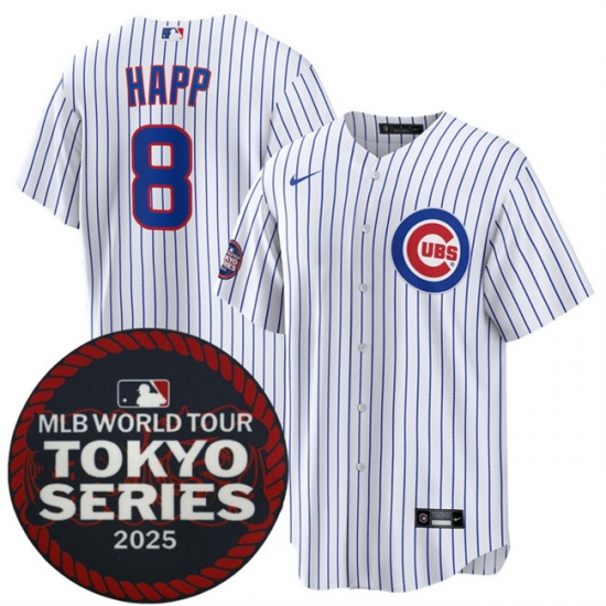 Chicago Cubs 8 Ian Happ White 2025 World Tour Tokyo Series Home Stitched Baseball Jersey