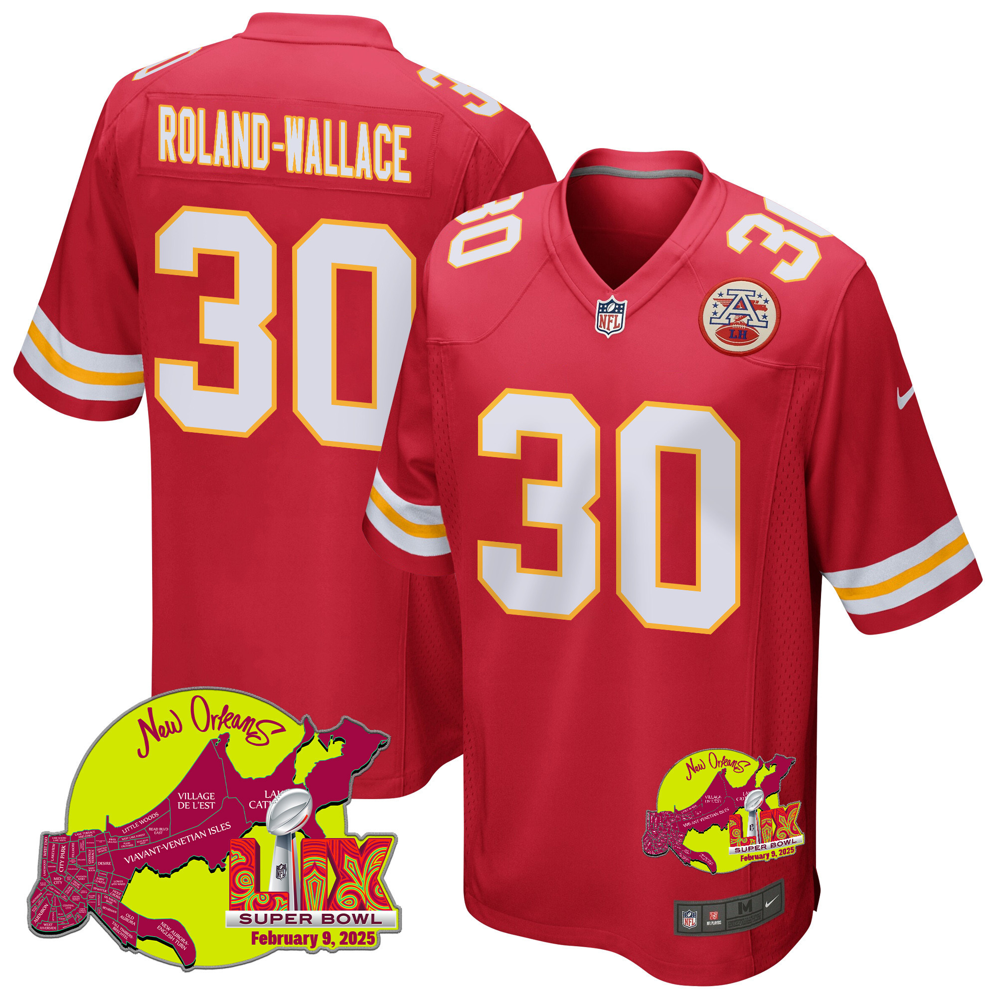 Chris Roland-Wallace 30 Kansas City Chiefs Super Bowl LIX New Orleans Patch Game Men Jersey - Red